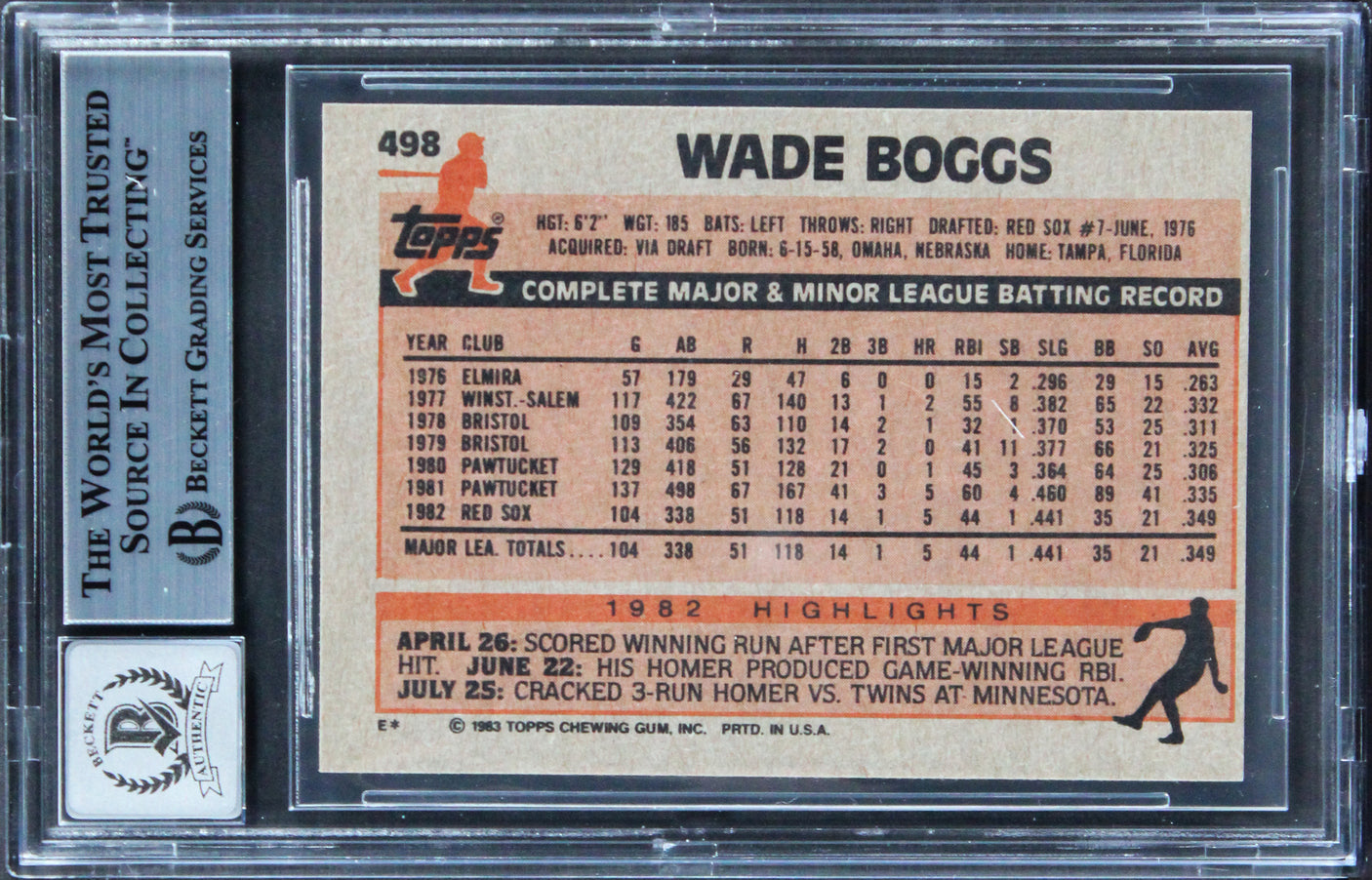 Red Sox Wade Boggs Signed 1983 Topps #498 Rookie Card Auto 10! BAS Slabbed
