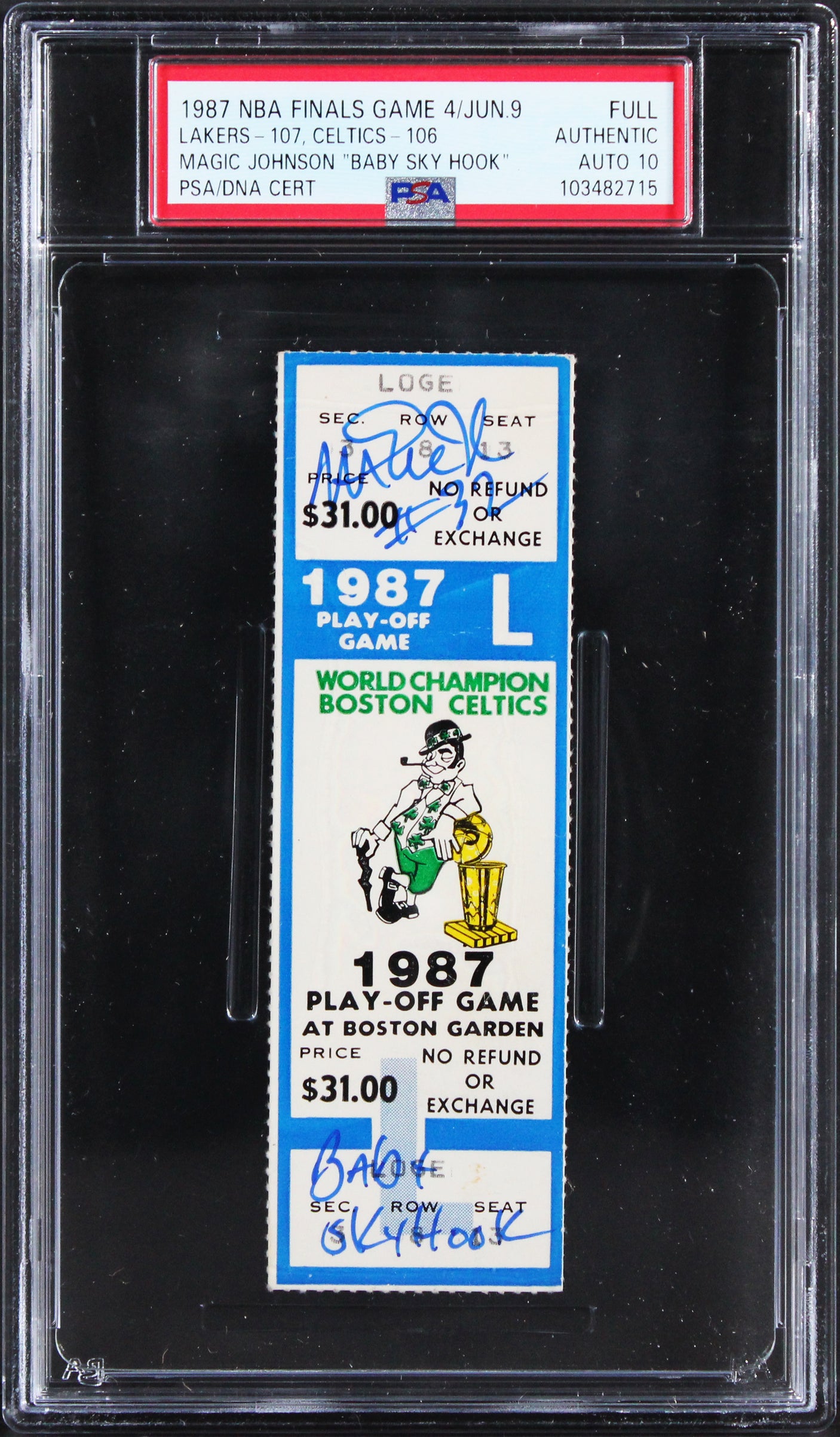 Magic Johnson Signed 1987 NBA Finals Gm 4 Full Ticket Stub Auto 10! PSA/DNA Slab