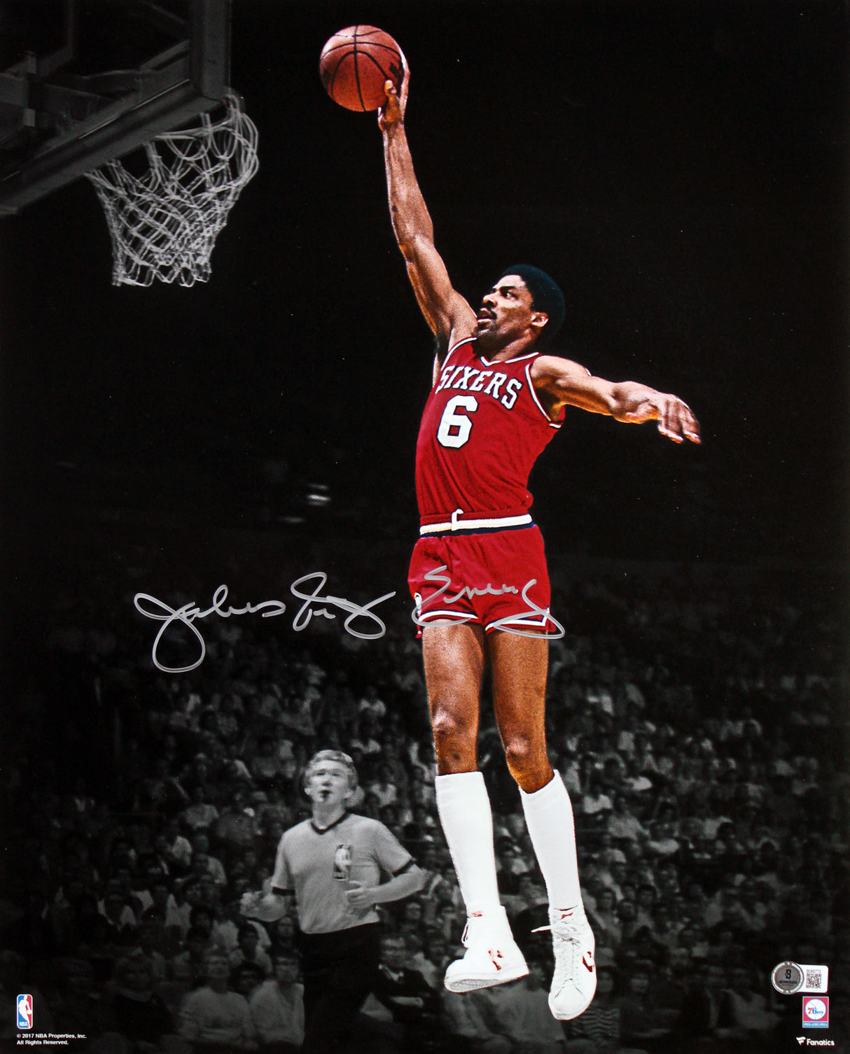 76ers Julius "Dr. J" Erving Signed 16x20 Vertical Spotlight Dunking Photo BAS
