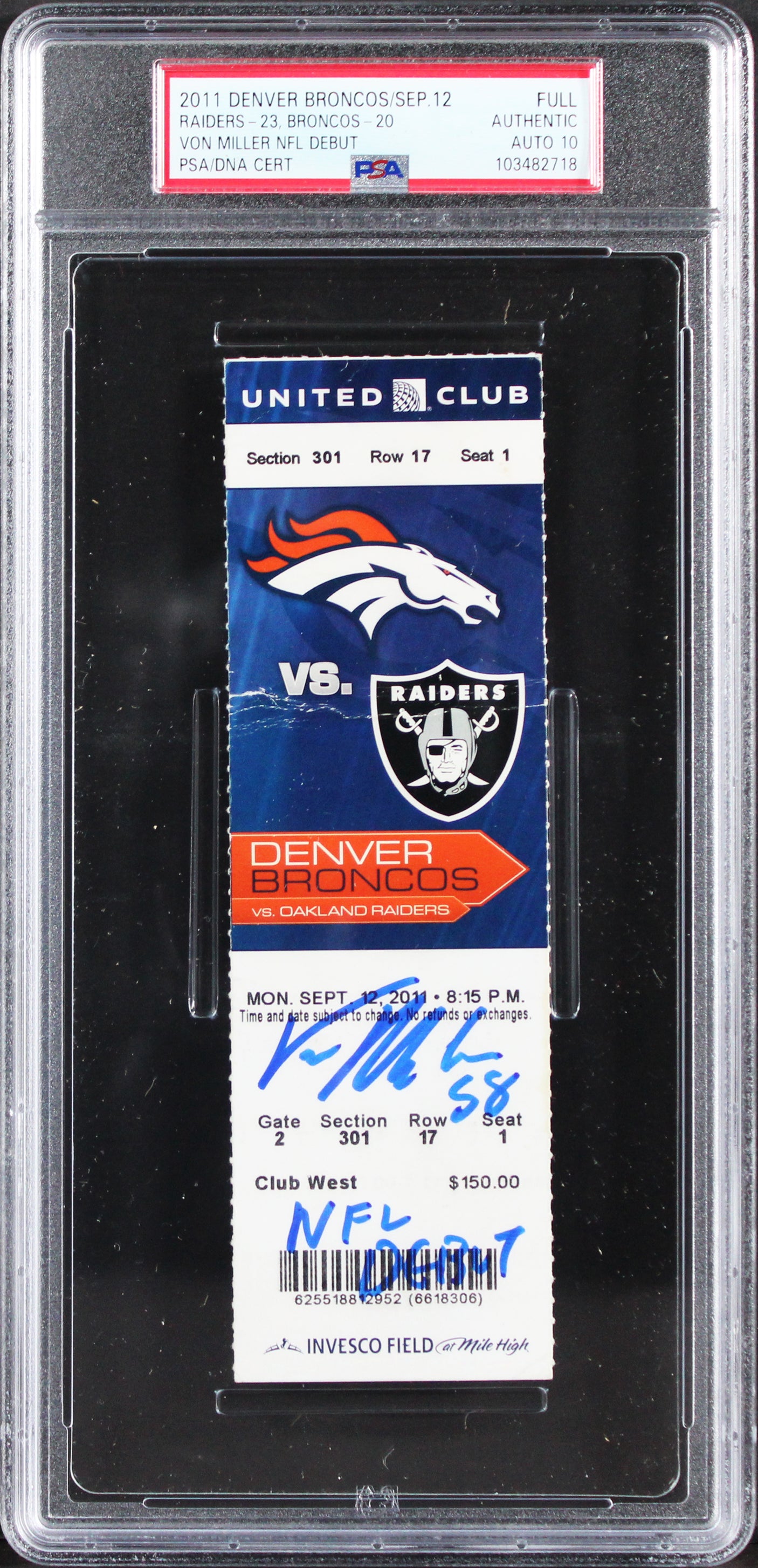 Broncos Von Miller "NFL Debut" Signed 2011 Full Ticket Stub Auto 10 PSA Slab 2