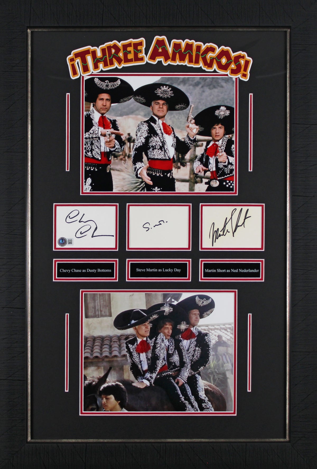 Three Amigos! Chevy Chase, Steve Martin & Martin Short Signed Framed Display BAS