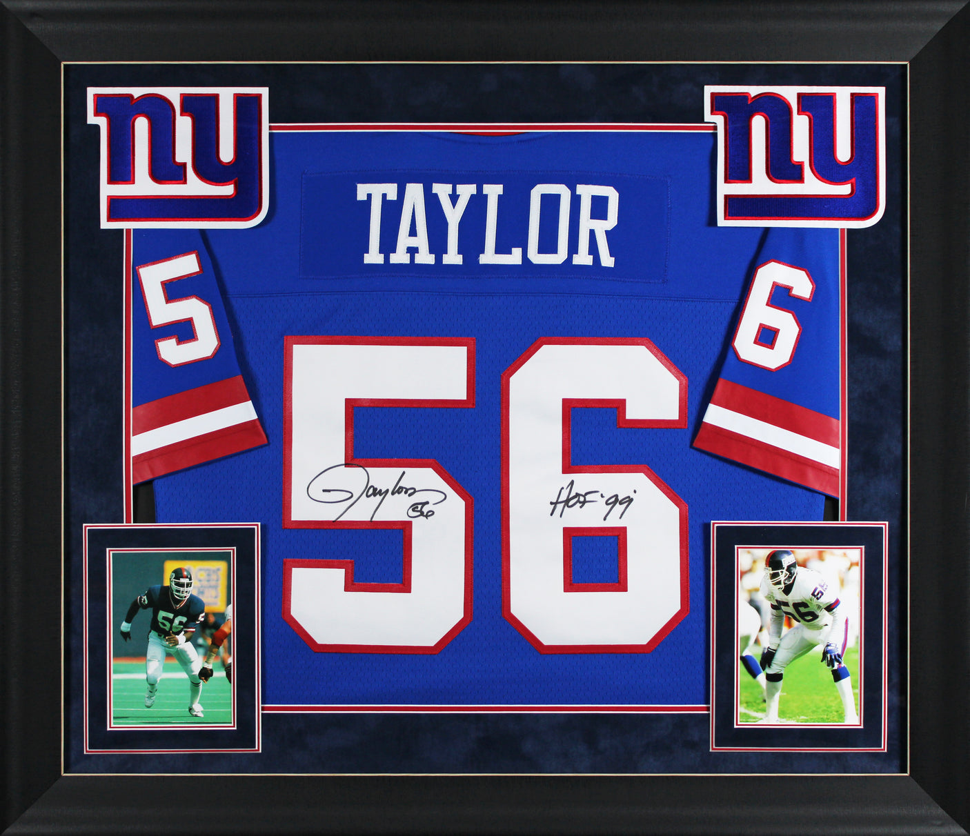 Giants Lawrence Taylor "HOF 99" Signed Blue M&N Framed Jersey BAS Witnessed