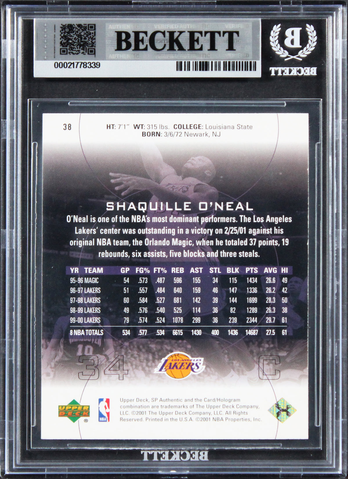 Lakers Shaquille O'Neal Authentic Signed 2000 SP Authentic #38 Card BAS Slabbed