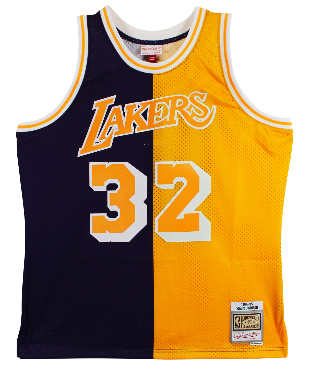 Lakers Magic Johnson Signed Purple & Yellow M&N 84-85 HWC Swingman Jersey BAS W