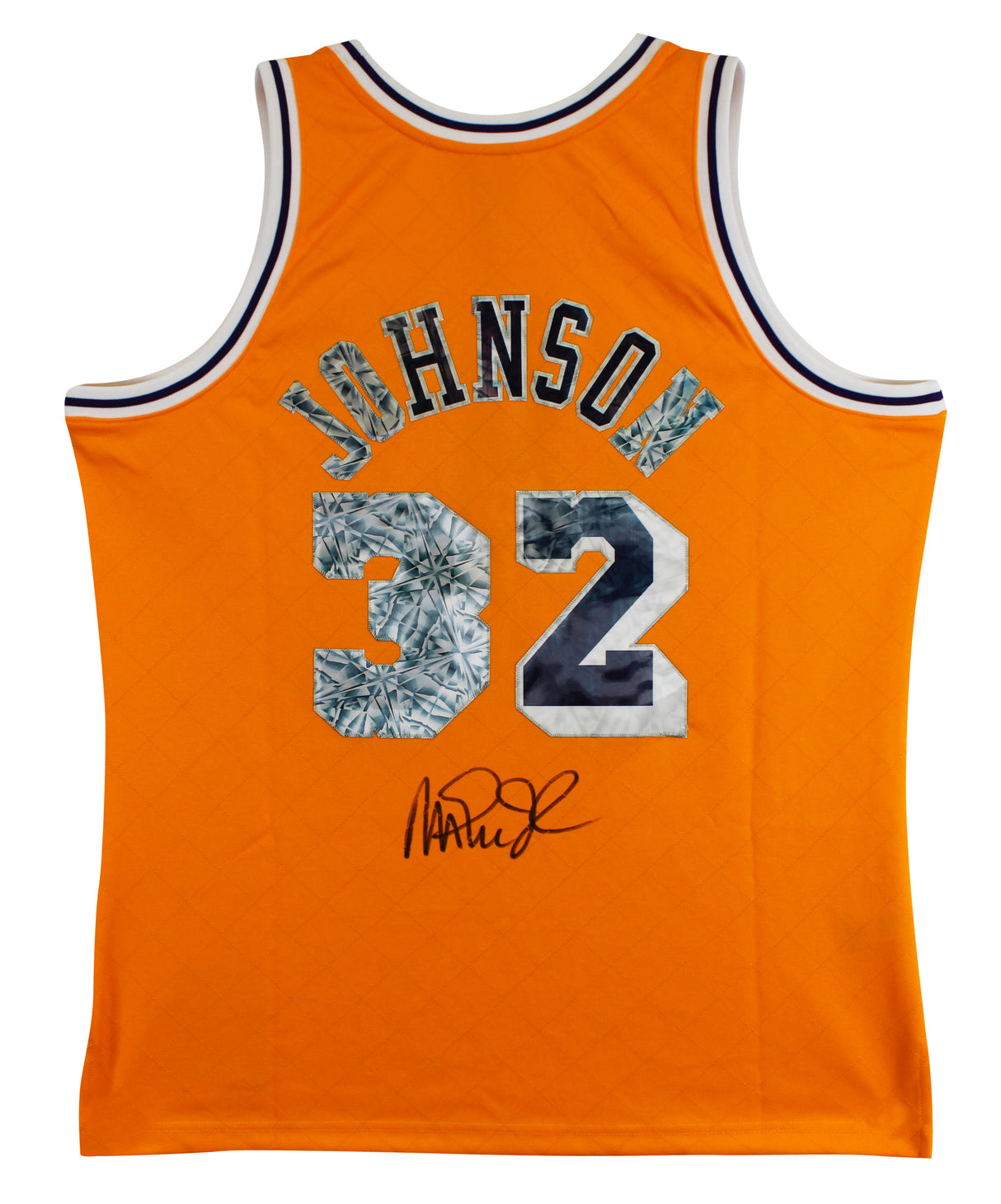 Lakers Magic Johnson Signed Yellow Diamond M&N 84-85 HWC Swingman Jersey BAS Wit