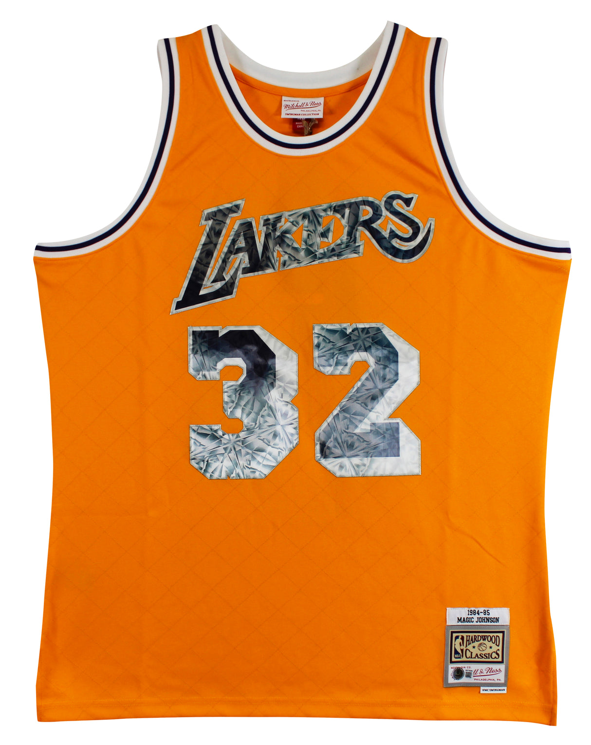 Lakers Magic Johnson Signed Yellow Diamond M&N 84-85 HWC Swingman Jersey BAS Wit