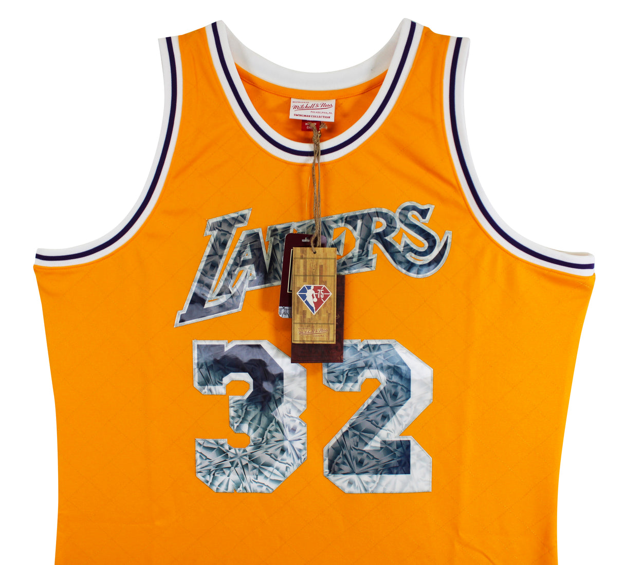 Lakers Magic Johnson Signed Yellow Diamond M&N 84-85 HWC Swingman Jersey BAS Wit