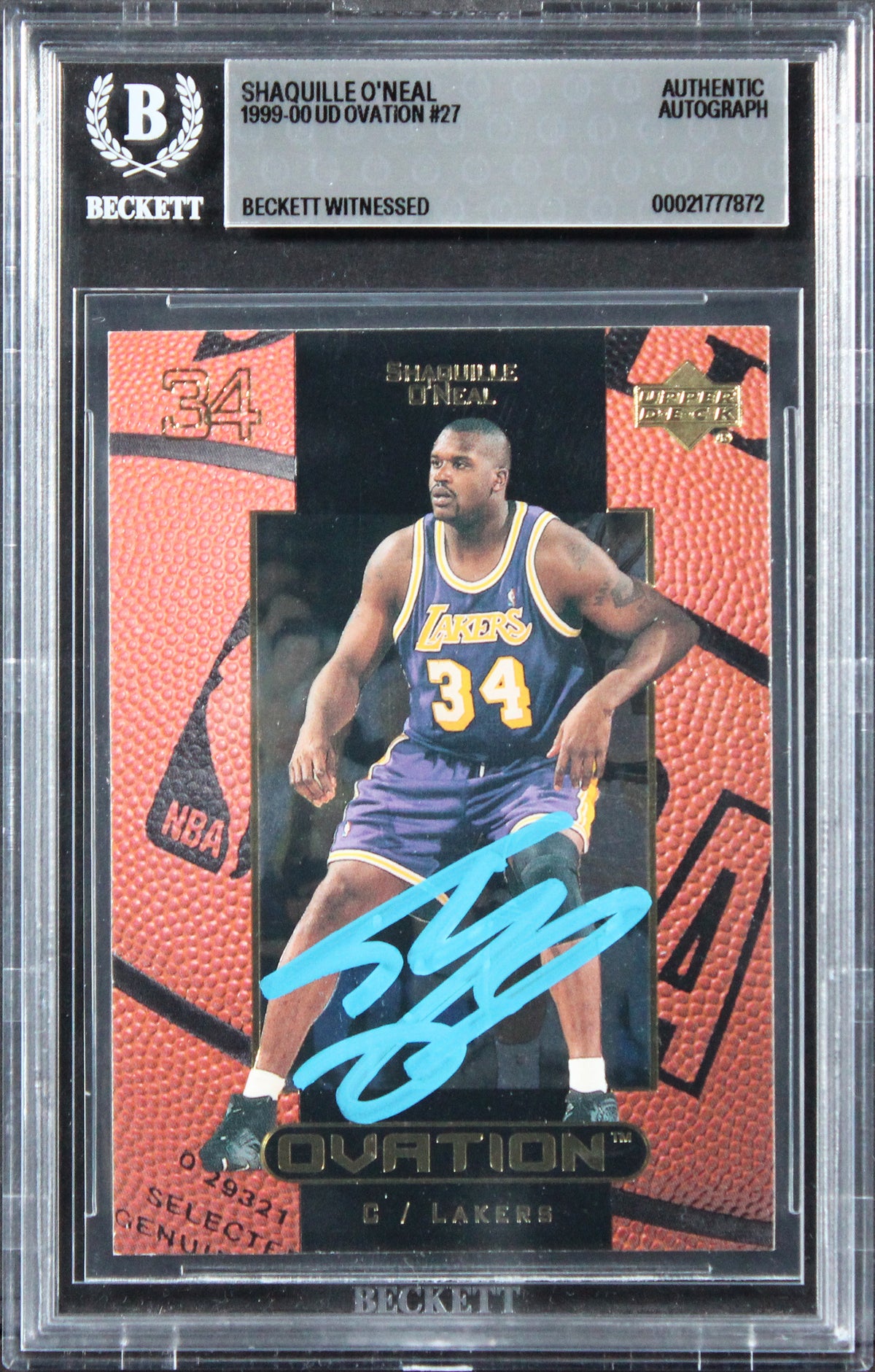 Lakers Shaquille O'Neal Authentic Signed 1999 UD Ovation #27 Card BAS Slabbed