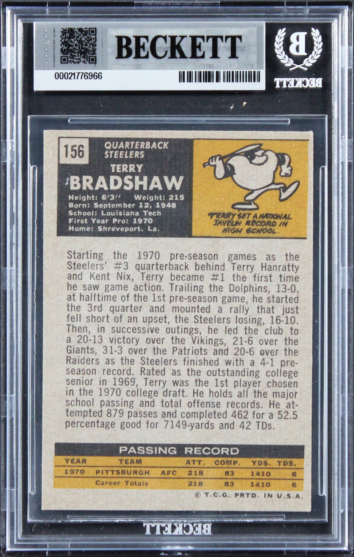 Steelers Terry Bradshaw Authentic Signed 1971 Topps #156 Rookie Card BAS Slabbed