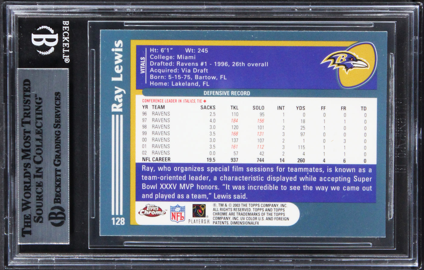 Ravens Ray Lewis Authentic Signed 2003 Topps Chrome #128 Card BAS Slabbed