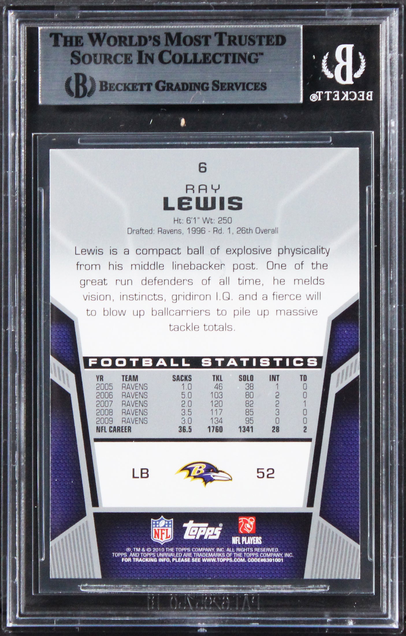 Ravens Ray Lewis Authentic Signed 2010 Topps Unrivaled #6 Card BAS Slabbed