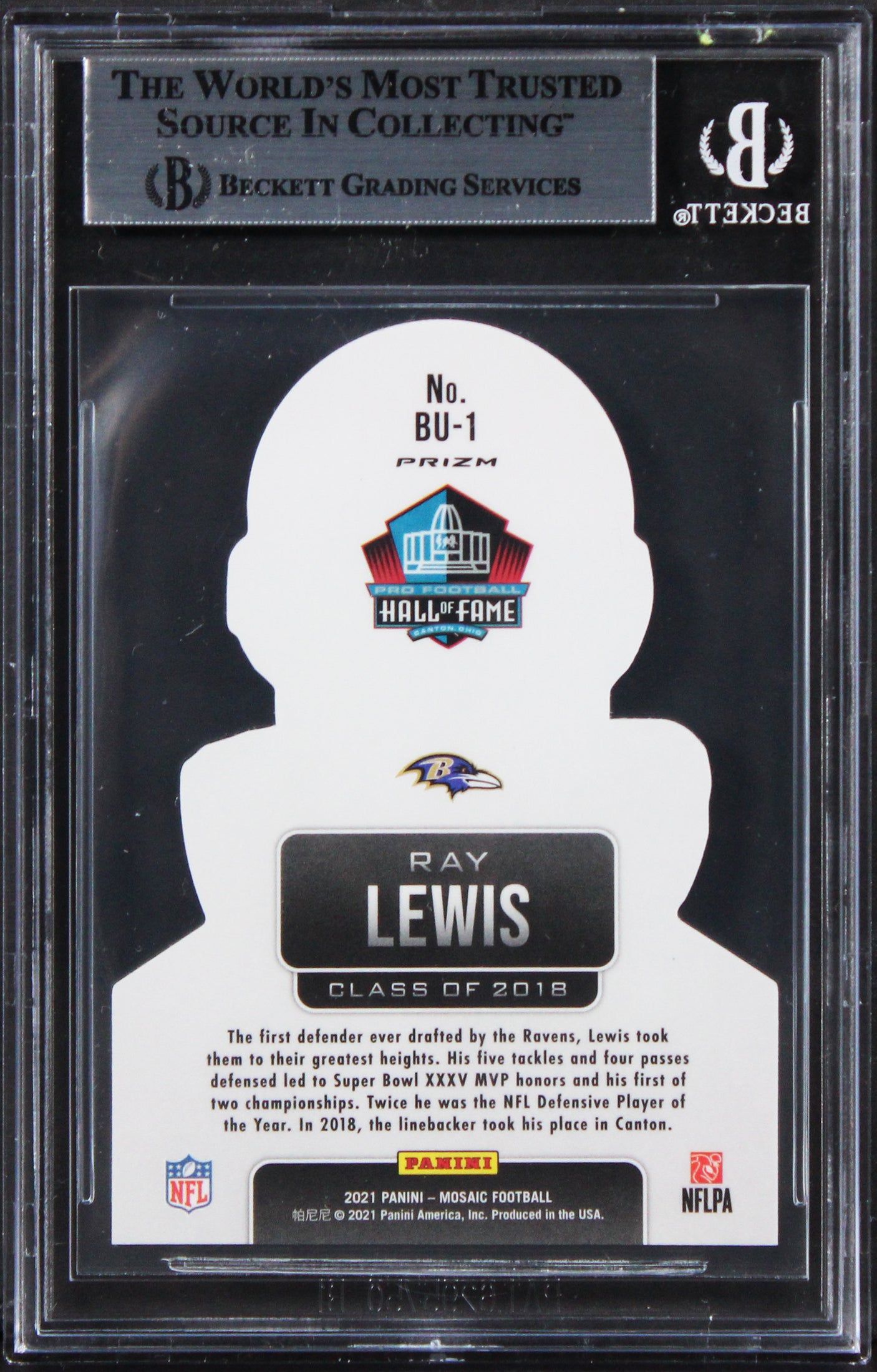 Ravens Ray Lewis "HOF 18" Signed 2021 Panini Mosaic Busted #1 Card BAS Slabbed