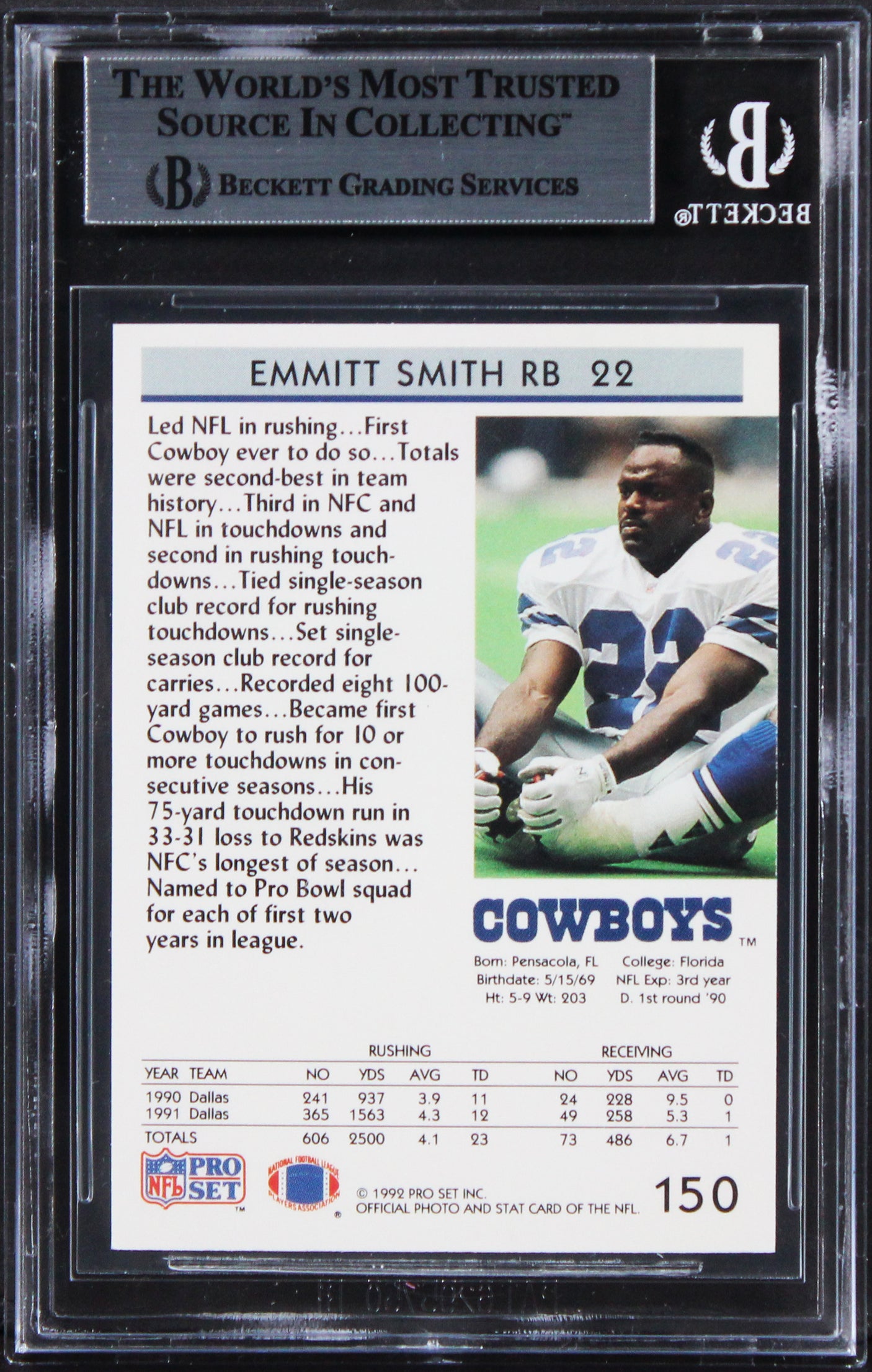 Cowboys Emmitt Smith Authentic Signed 1992 Pro Set #150 Card BAS Slabbed