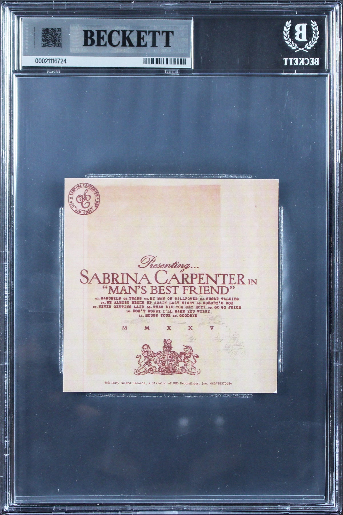 Sabrina Carpenter Authentic Signed Man's Best Friend CD Insert BAS Slabbed