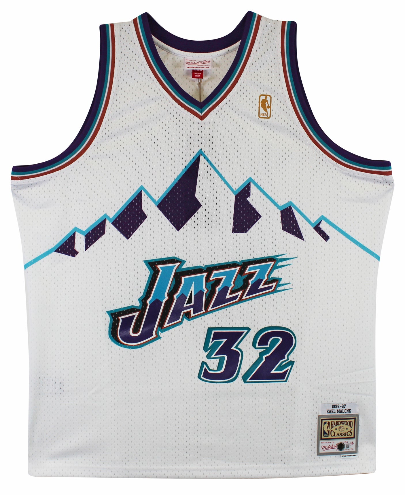 Jazz Karl Malone Signed 1996-97 White Mitchell & Ness Swingman Jersey BAS Wit