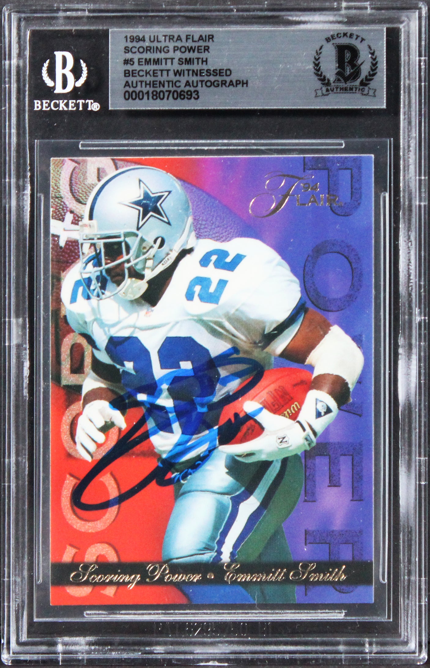 Cowboys Emmitt Smith Signed 1984 Ultra Flair Scoring Power #5 Card BAS Slabbed