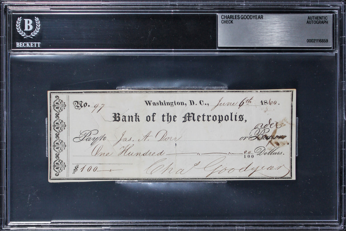 Charles Goodyear Signed 2.35x6.5 1860 Bank Of The Metropolis Check BAS Slabbed