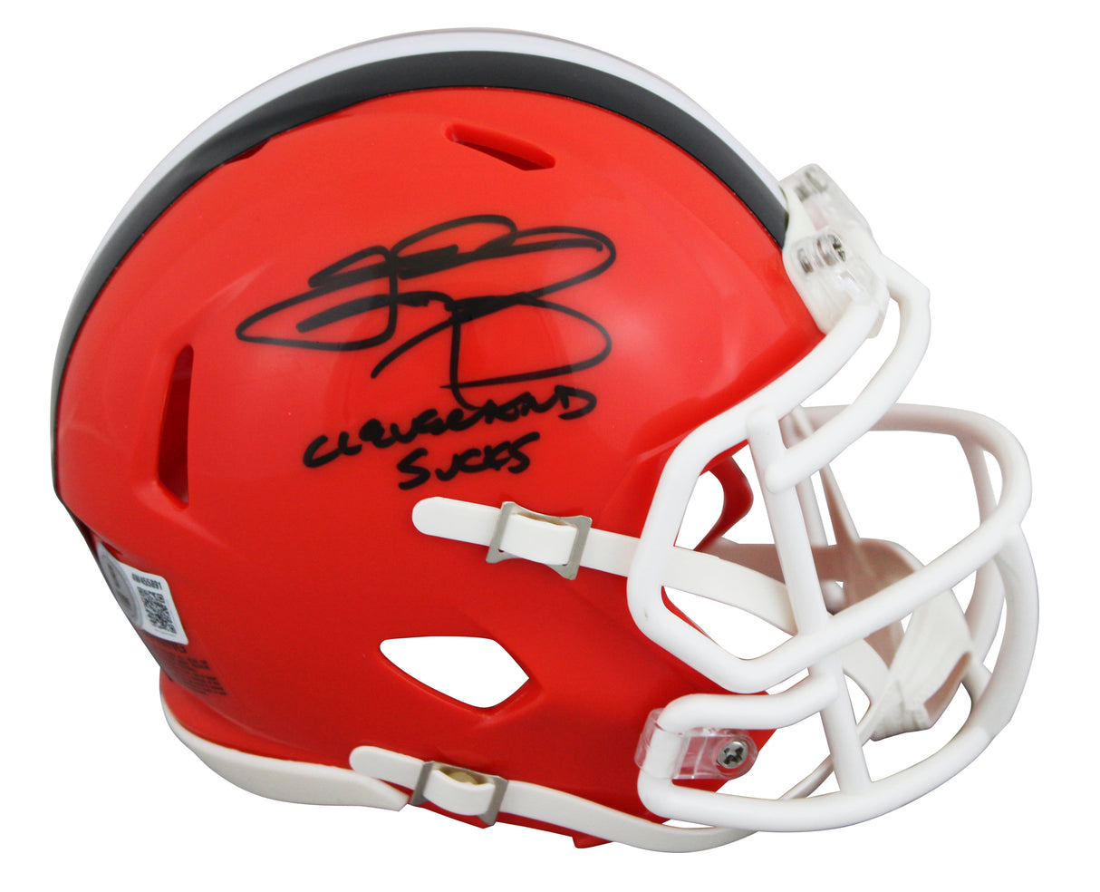 Browns Johnny Manziel "Cleveland Sucks" Signed Speed Mini Helmet W/ Case BAS Wit