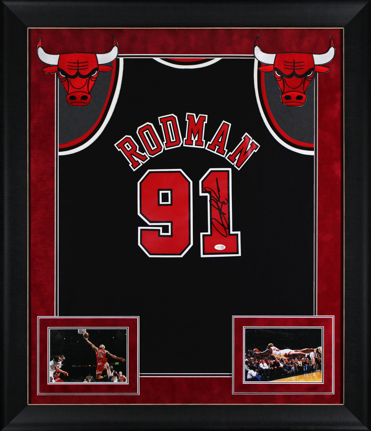 Bulls Dennis Rodman Signed Black M&N HWC Swingman Framed Jersey w/ Black Sig JSA