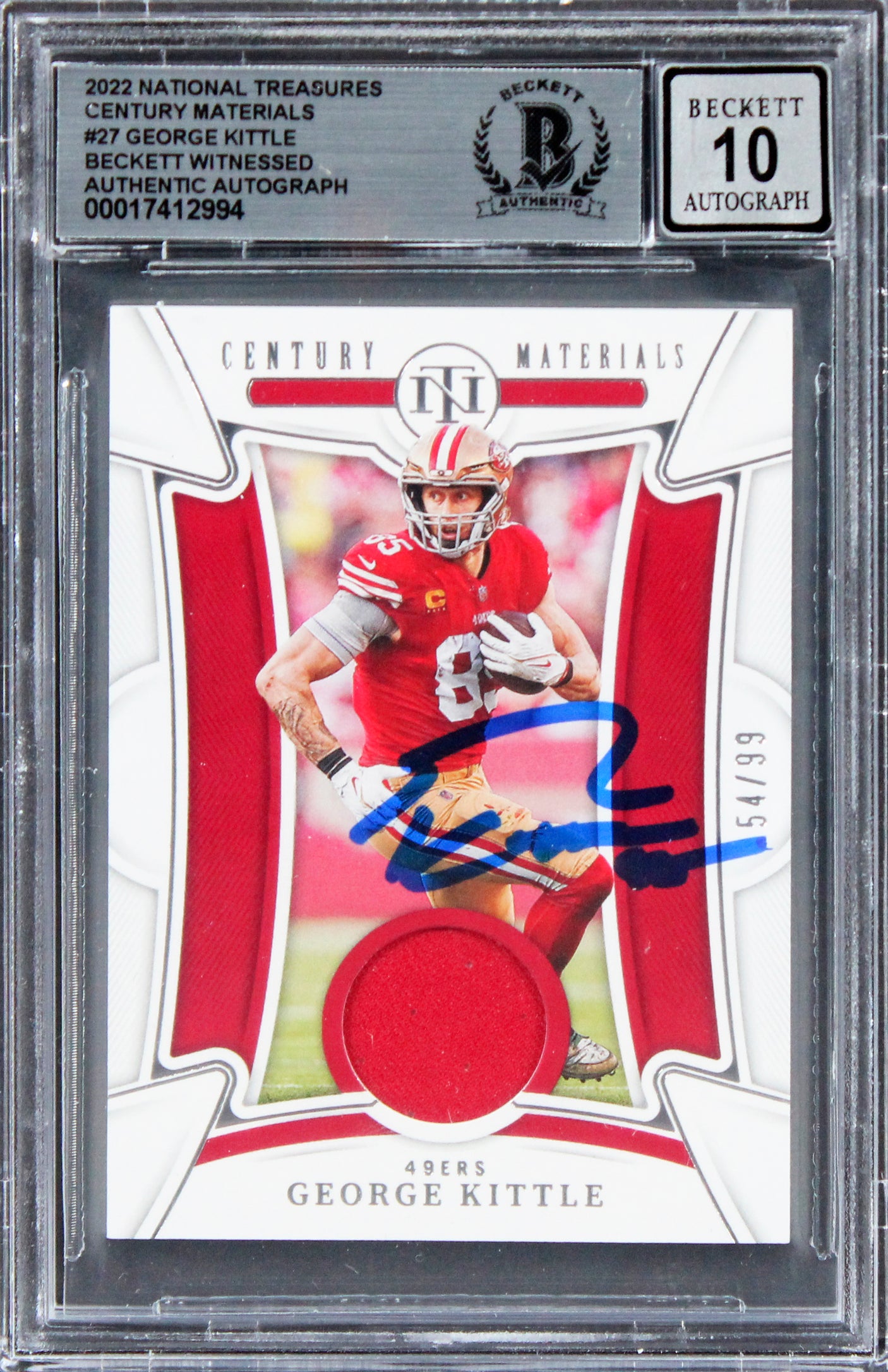 George Kittle Signed 2022 Natl Treasures CM #27 #54/99 Card Auto 10! BAS Slabbed