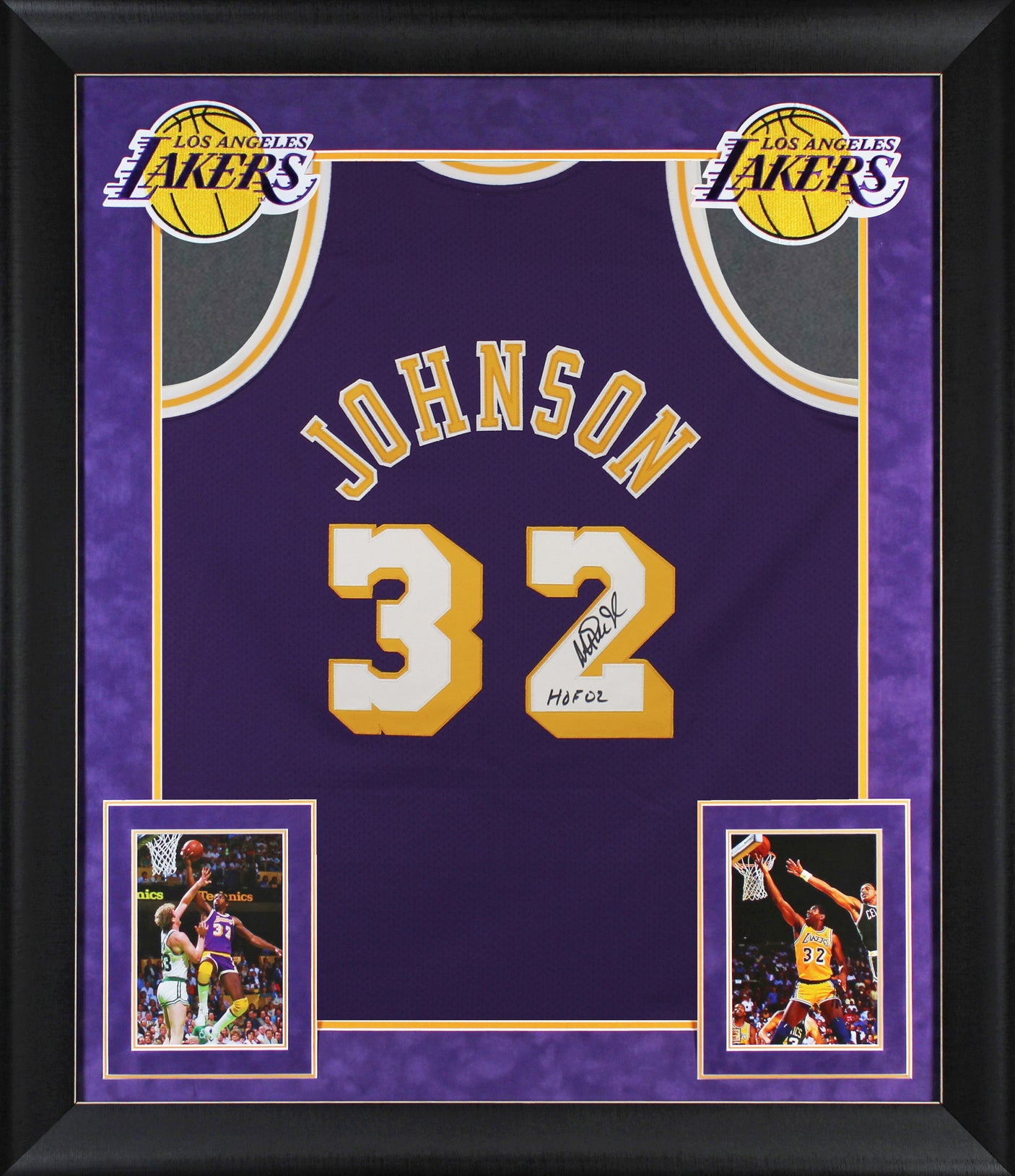 Lakers Magic Johnson "HOF 02" Signed M&N HWC Authentic Purple Framed Jersey BAS