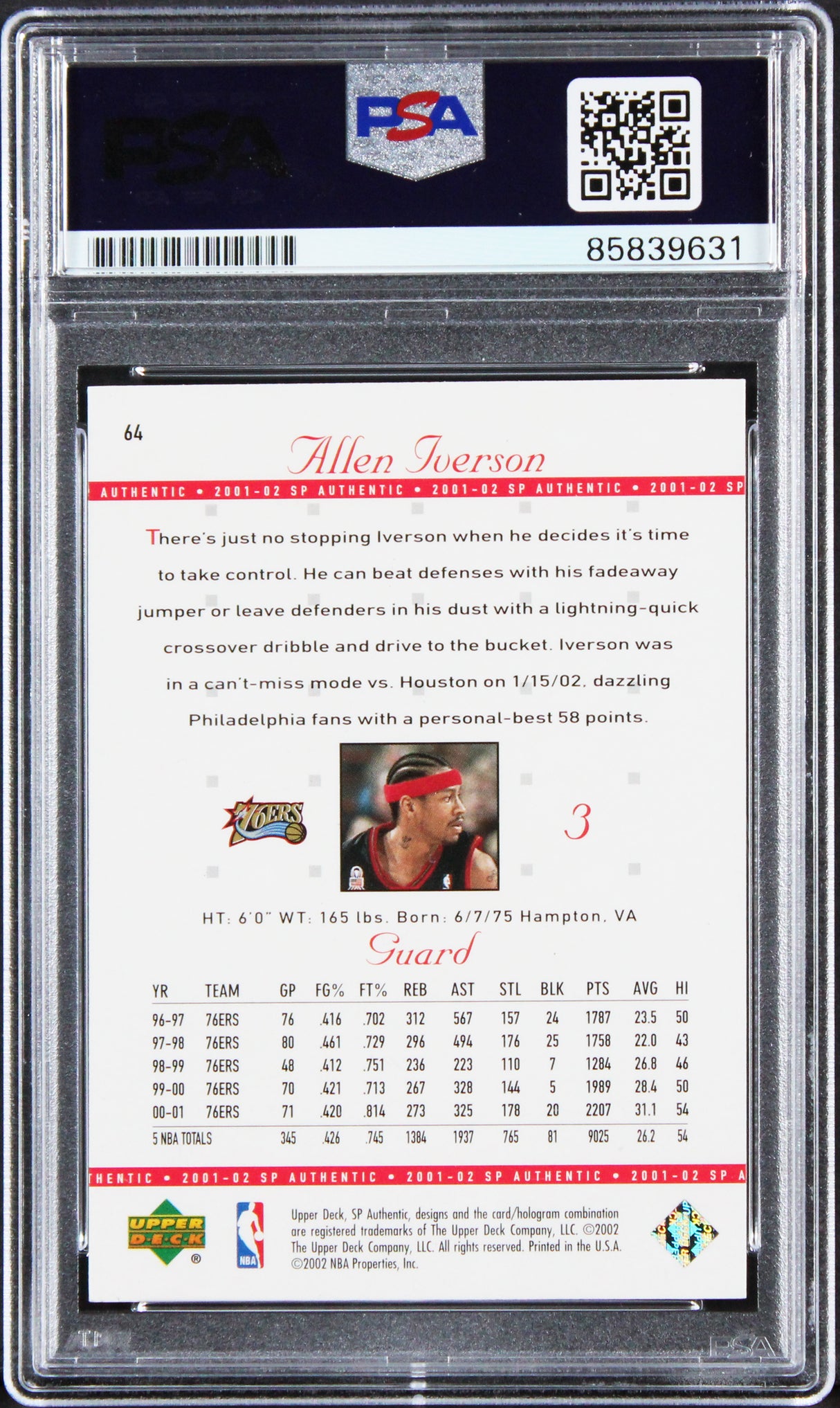 76ers Allen Iverson Authentic Signed 2001 SP Authentic #64 Card PSA/DNA Slabbed