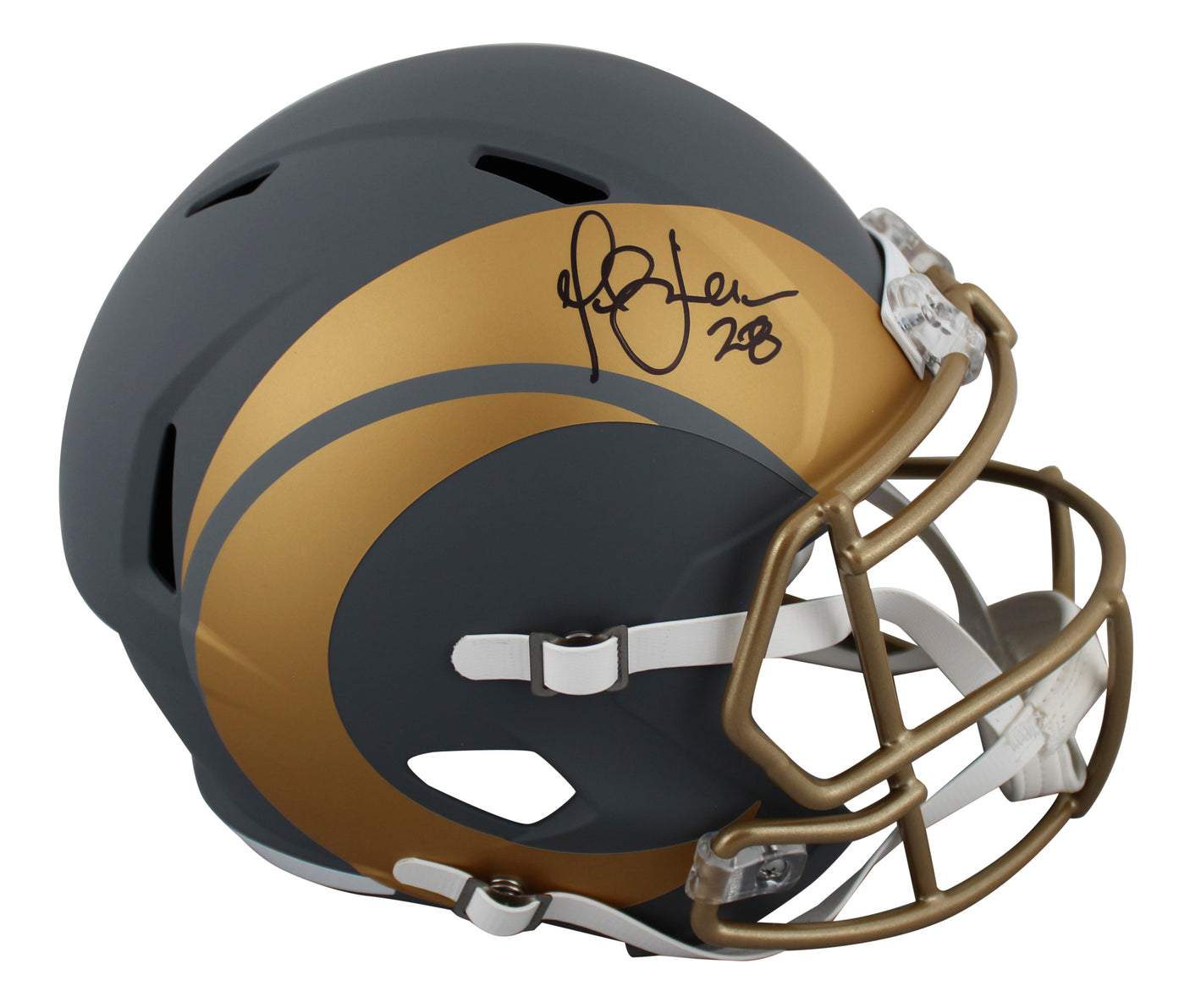 Rams Marshall Faulk Signed Slate Full Size Speed Rep Helmet w/ Case BAS Witness
