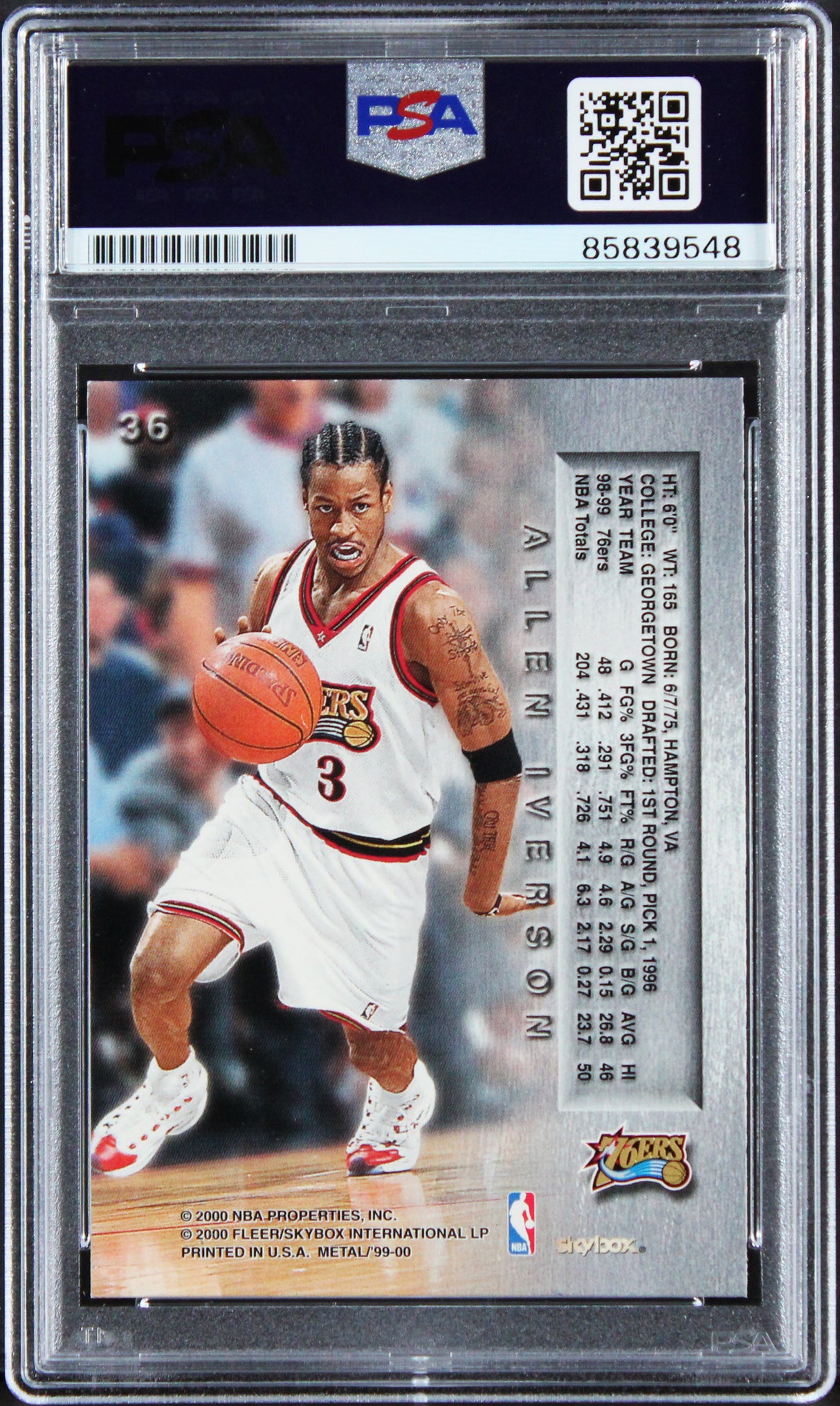 76ers Allen Iverson Authentic Signed 1999 Skybox Metal #36 Card PSA/DNA Slabbed