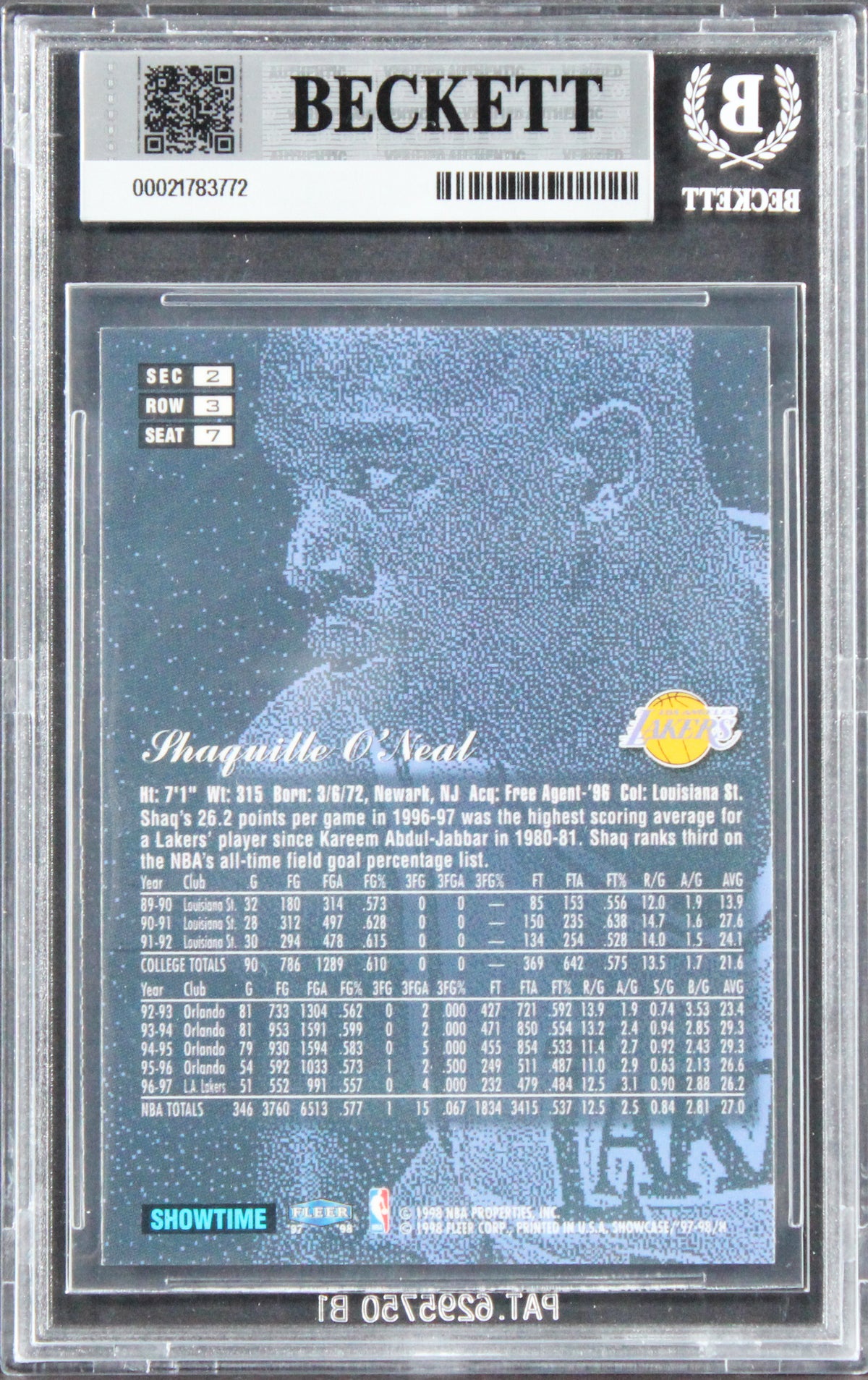 Shaquille O'Neal Signed 1997 Flair Showcase Row 3 #7 Card Auto 10! BAS Slabbed
