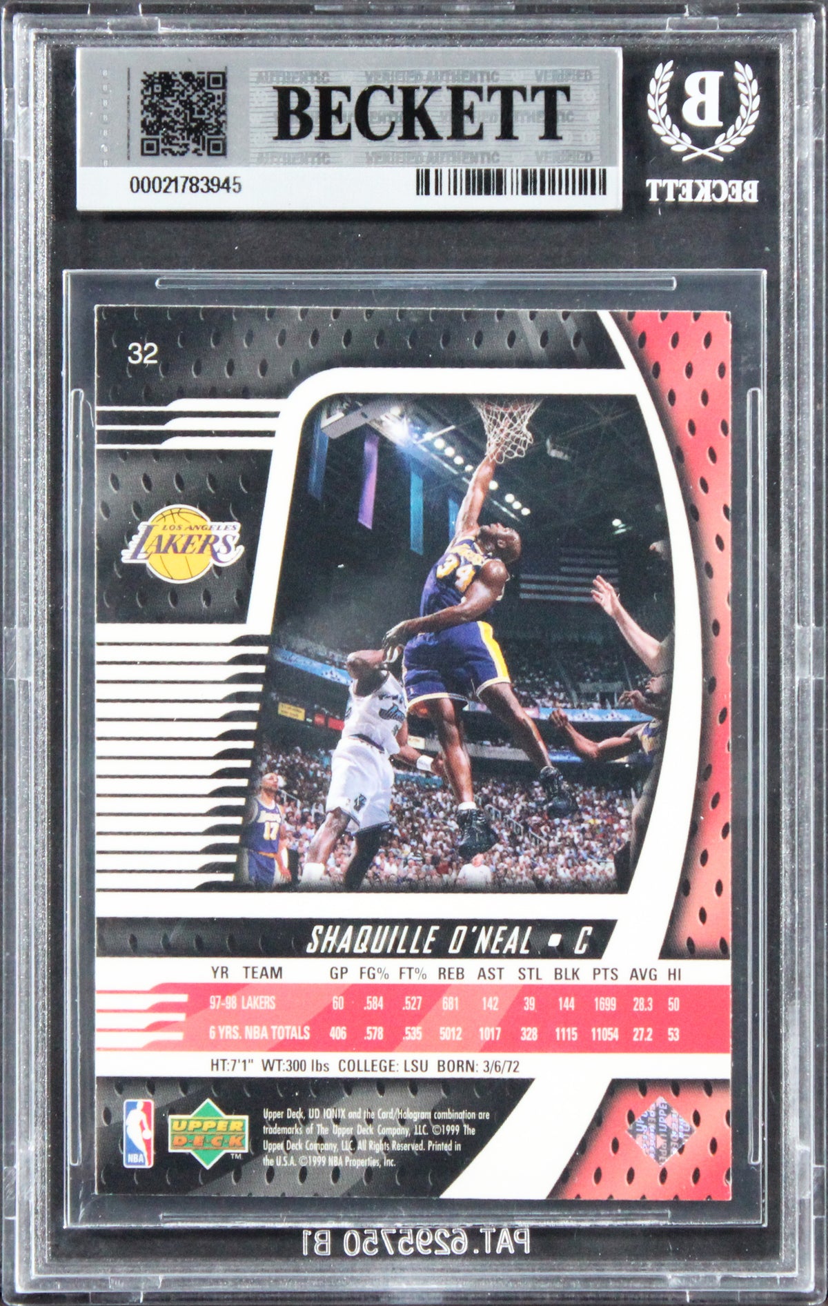Lakers Shaquille O'Neal Signed 1998 UD Ionix #32 Card Auto Grade 10! BAS Slabbed
