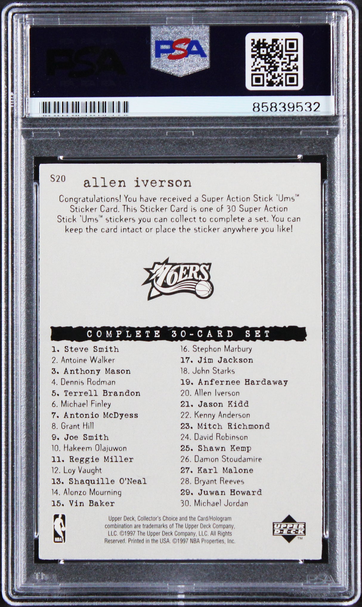 76ers Allen Iverson Signed 1997 Upper Deck Stick-Ums #S20 Card PSA/DNA Slabbed