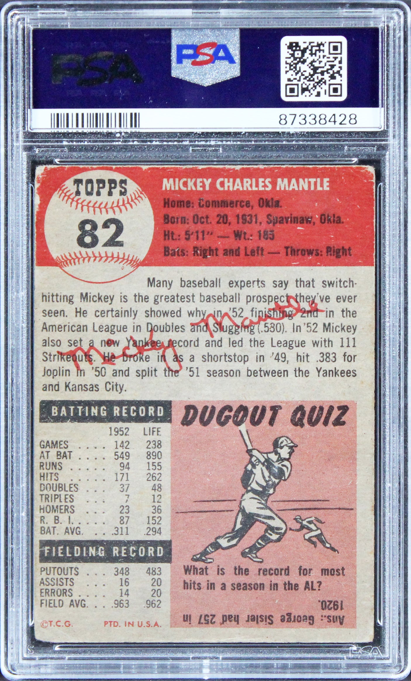 Yankees Mickey Mantle Signed 1953 Topps #82 Card Auto Graded 10! PSA/DNA Slabbed
