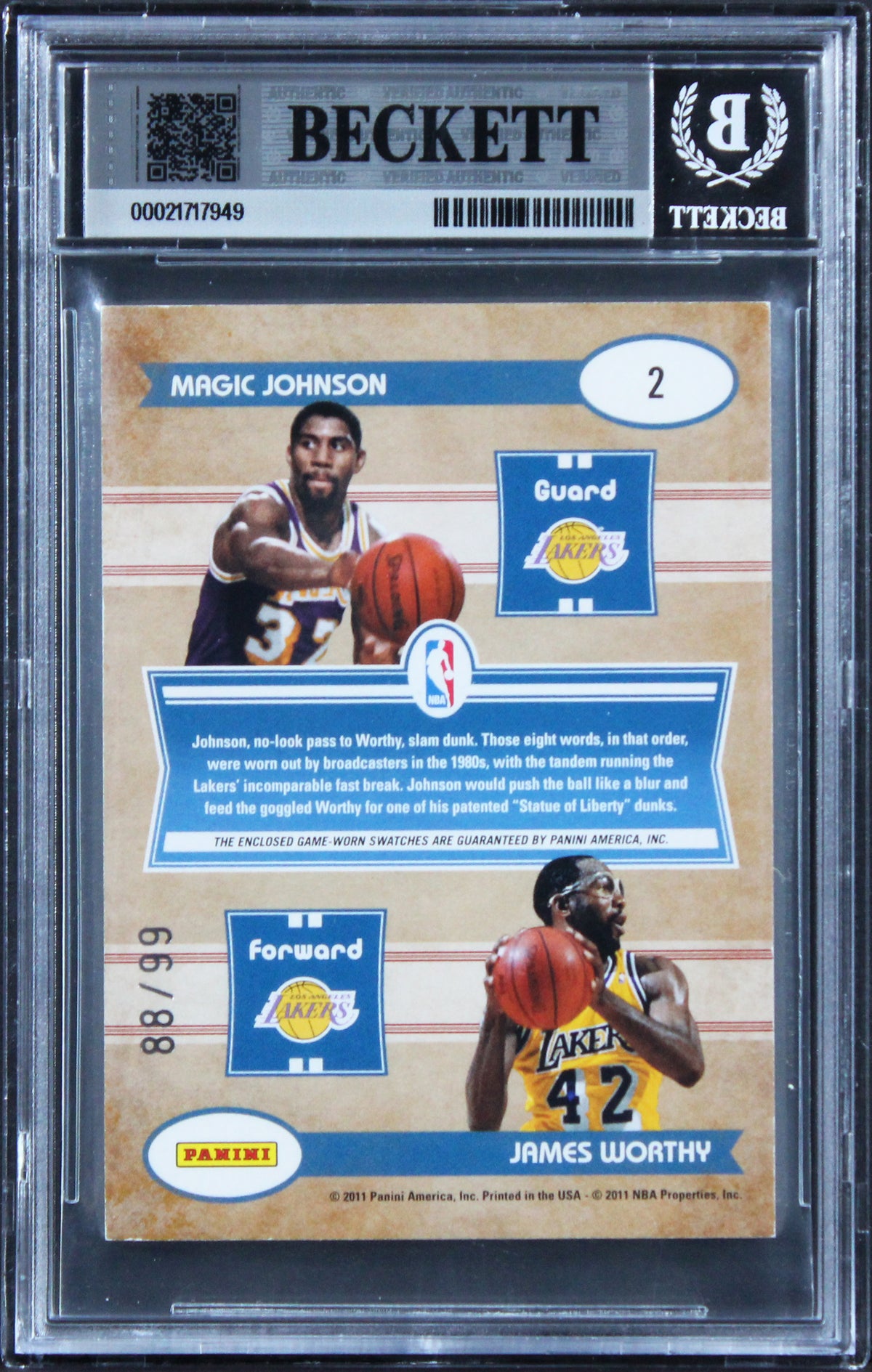 Magic Johnson & James Worthy Signed 2010 Classics #2 Card Auto 10! BAS Slabbed