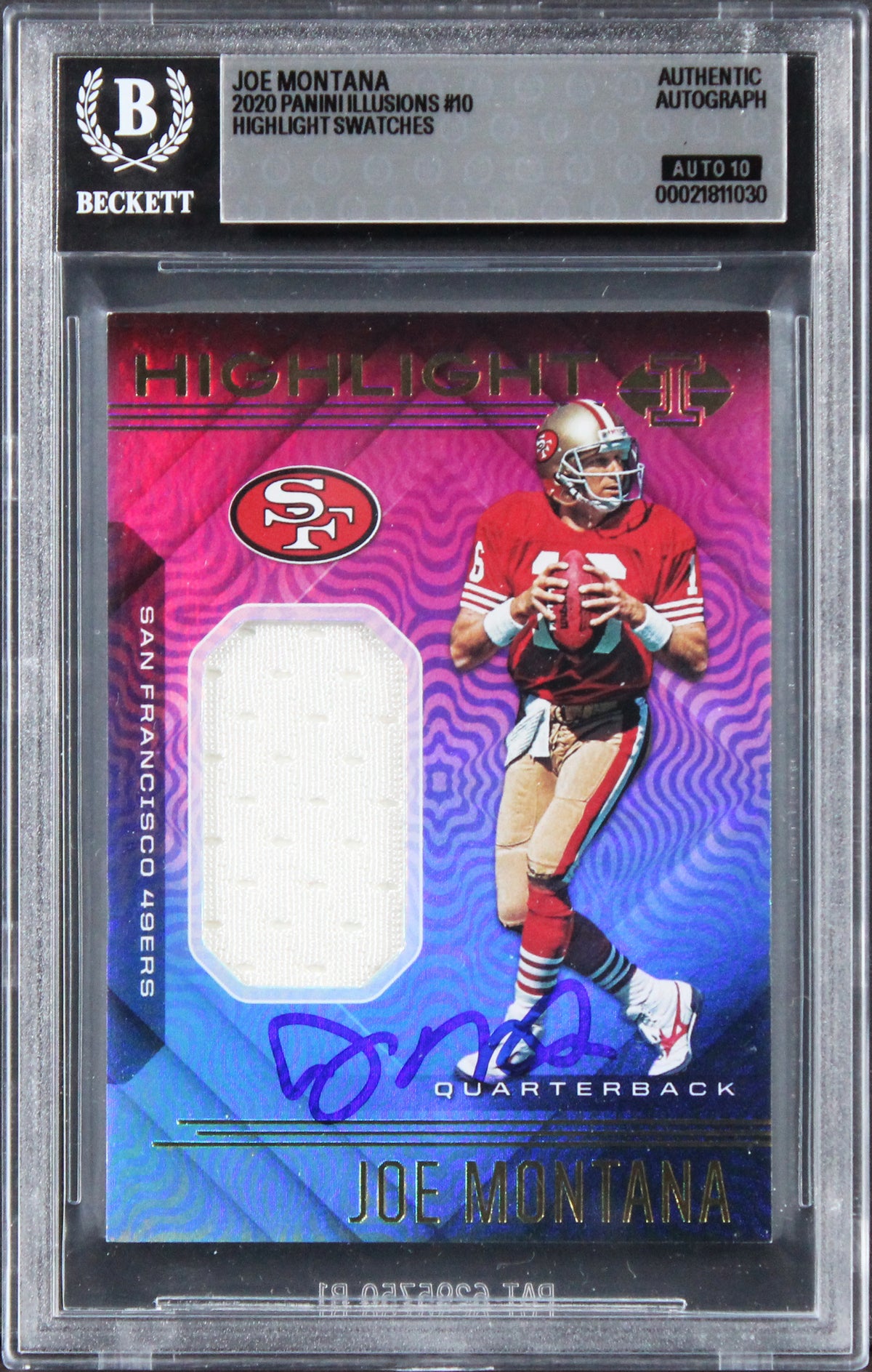 49ers Joe Montana Signed 2020 Panini Illusions #10 Card Auto 10! BAS Slabbed 4