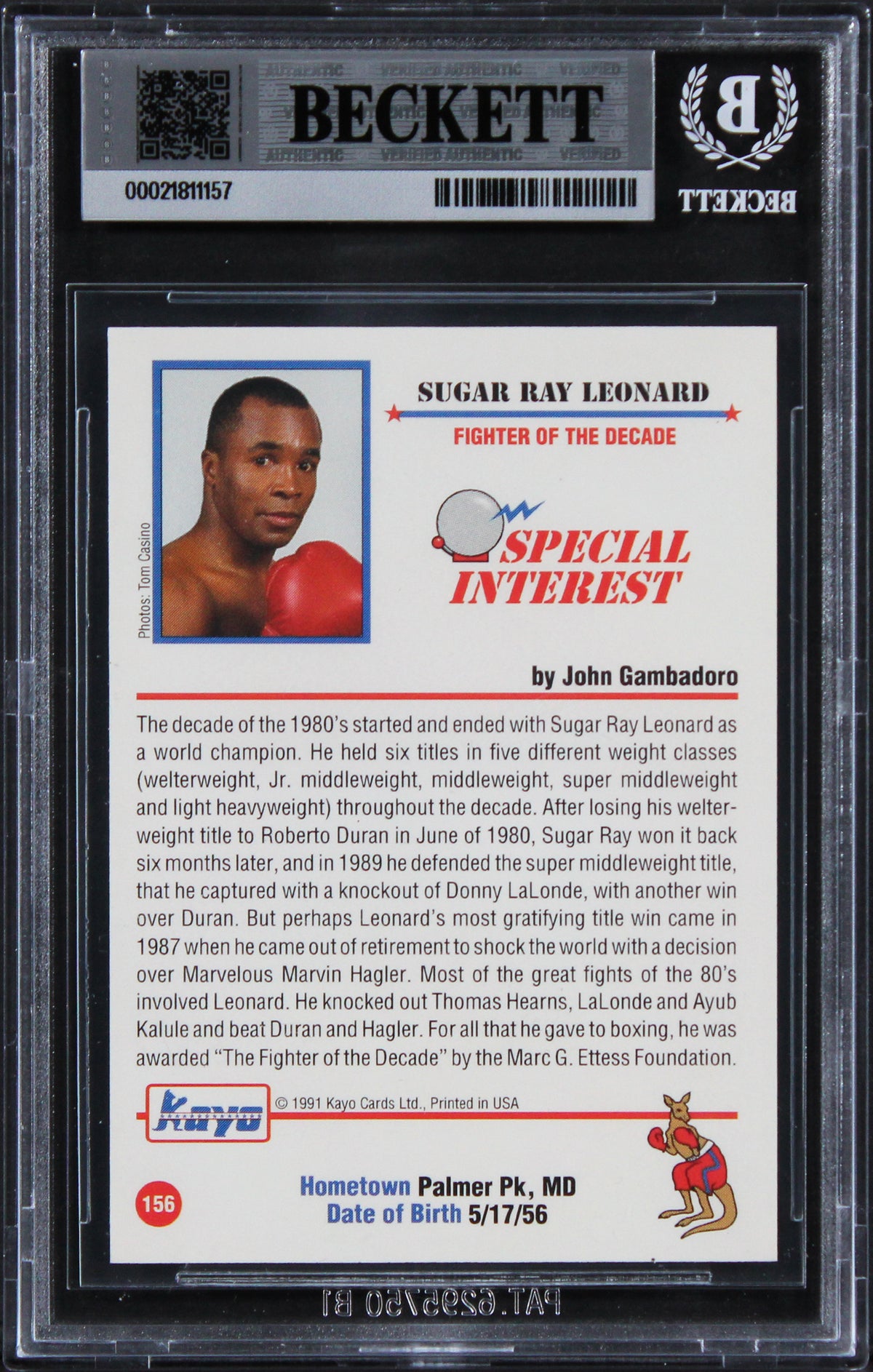 Sugar Ray Leonard Authentic Signed 1991 Kayo #156 Card Autographed BAS Slabbed