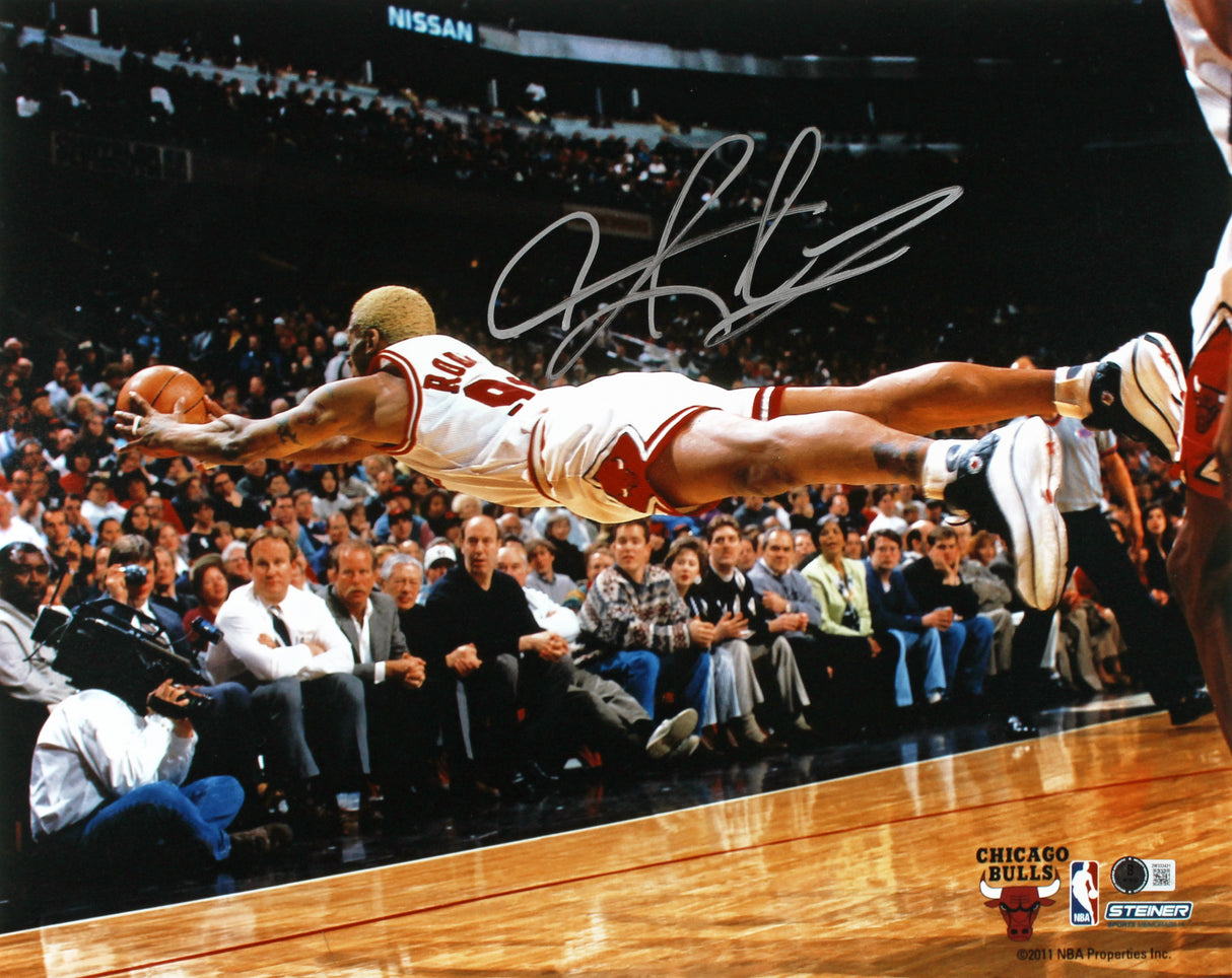 Bulls Dennis Rodman Signed 16x20 Framed Horizontal Diving Photo BAS Witnessed