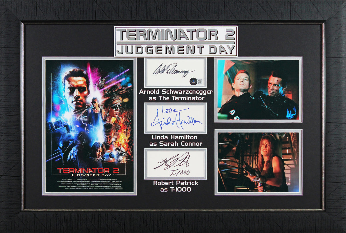Terminator 2 (3) Schwarzenegger, Hamilton & Patrick Signed Framed Display BAS 2