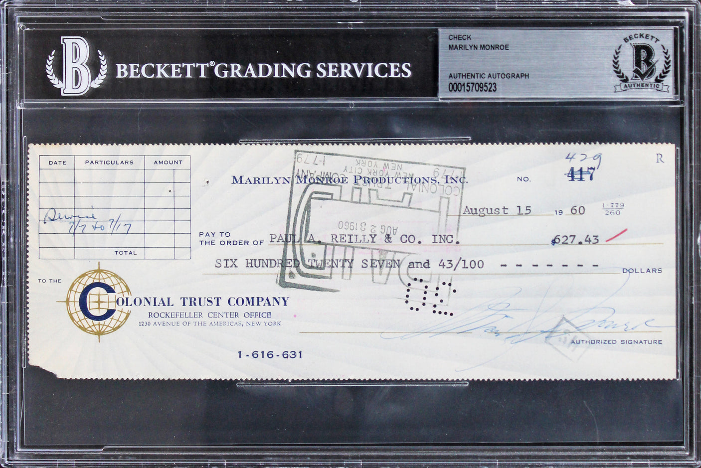 Marilyn Monroe Authentic Signed 3x8.5 1960 MM Productions Check BAS Slabbed