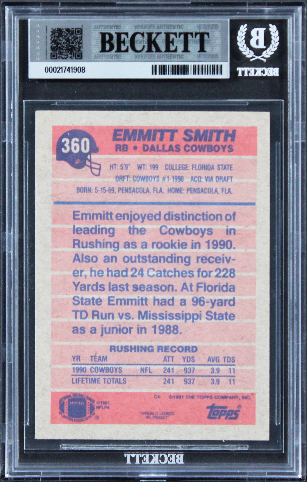 Cowboys Emmitt Smith Signed 1991 Topps #360 Rookie Card Auto 10! BAS Slabbed