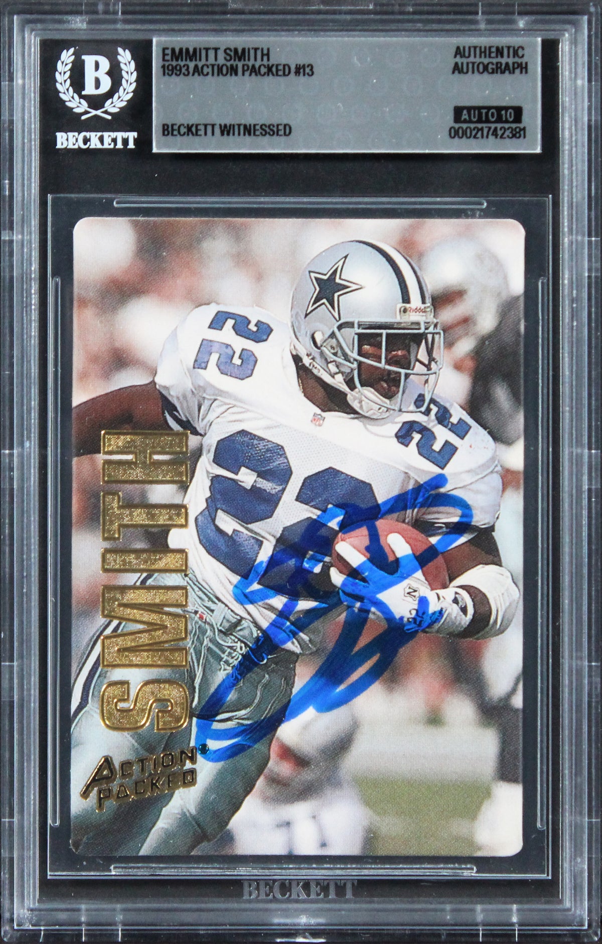 Cowboys Emmitt Smith Signed 1993 Action Packed #13 Card Auto GM 10! BAS Slabbed