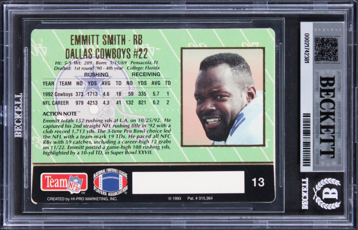 Cowboys Emmitt Smith Signed 1993 Action Packed #13 Card Auto GM 10! BAS Slabbed