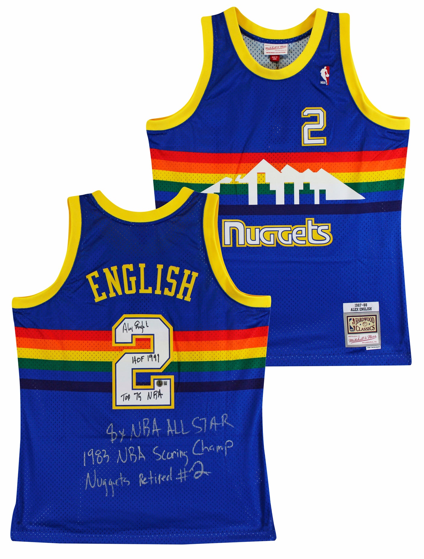 Nuggets Alex English "Career Stat" Signed Blue M&N 87-88 TB Jersey BAS #3W197629