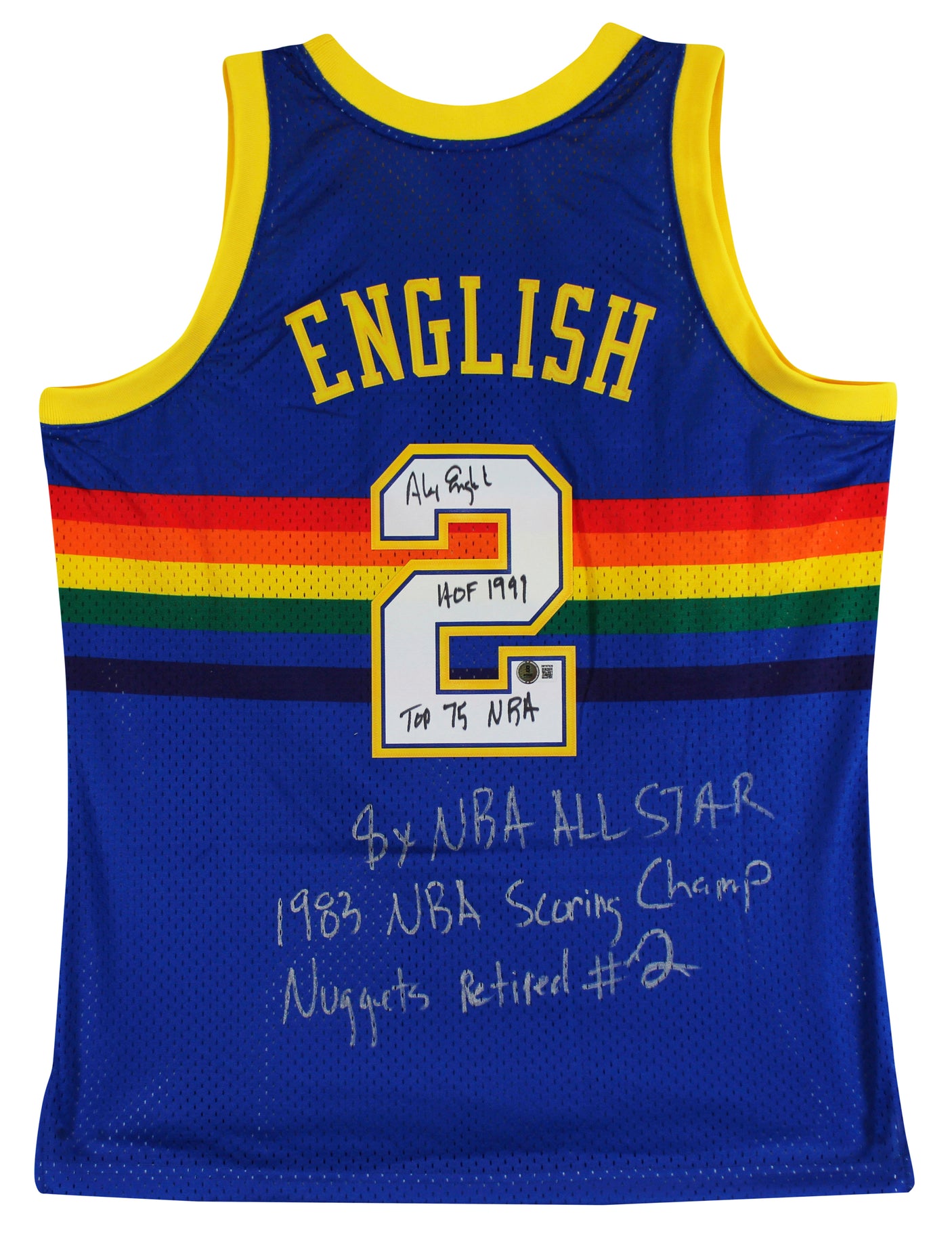 Nuggets Alex English "Career Stat" Signed Blue M&N 87-88 TB Jersey BAS #3W197629