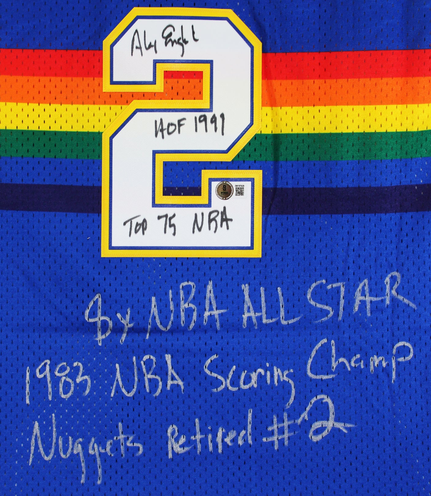 Nuggets Alex English "Career Stat" Signed Blue M&N 87-88 TB Jersey BAS #3W197629