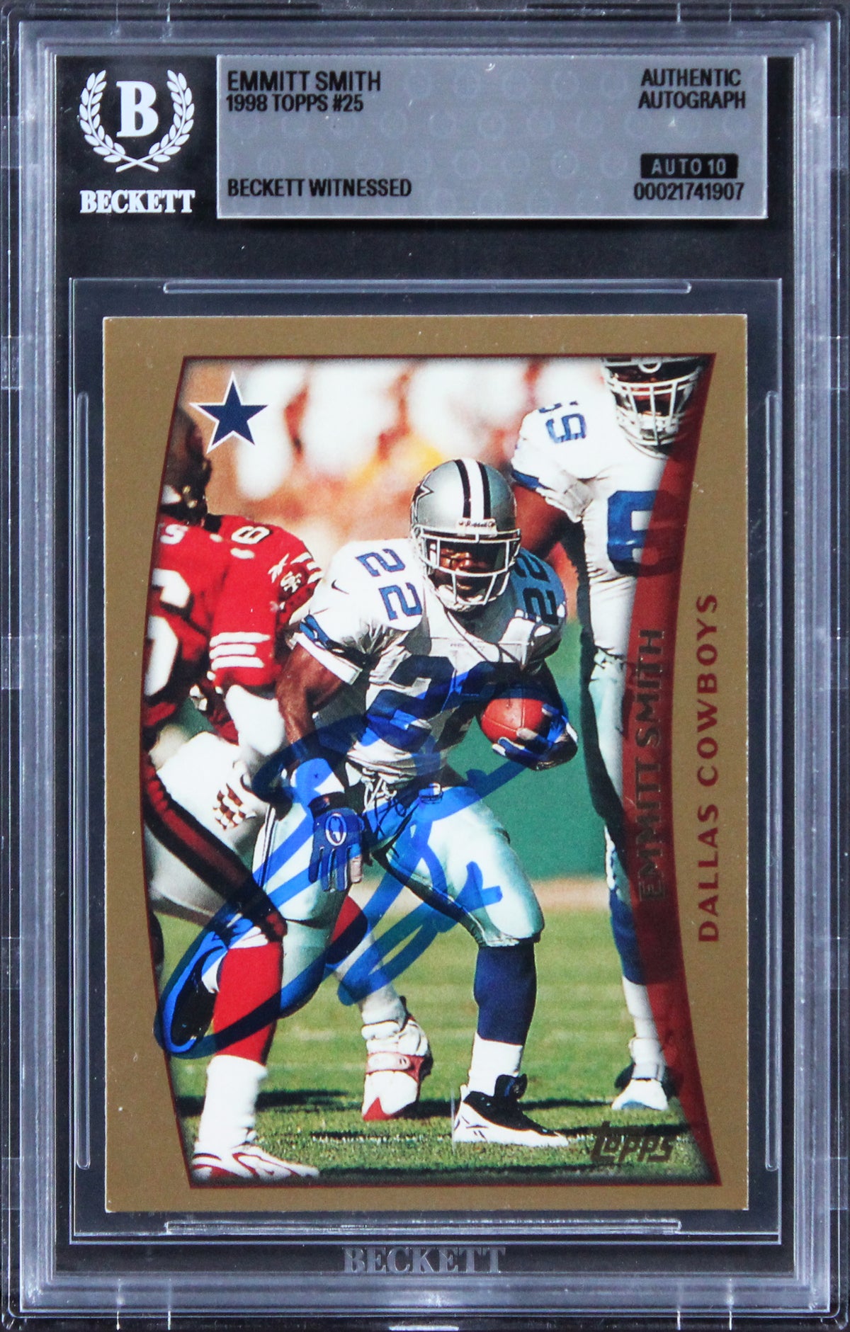 Cowboys Emmitt Smith Signed 1998 Topps #25 Card Auto Grade GM 10! BAS Slabbed