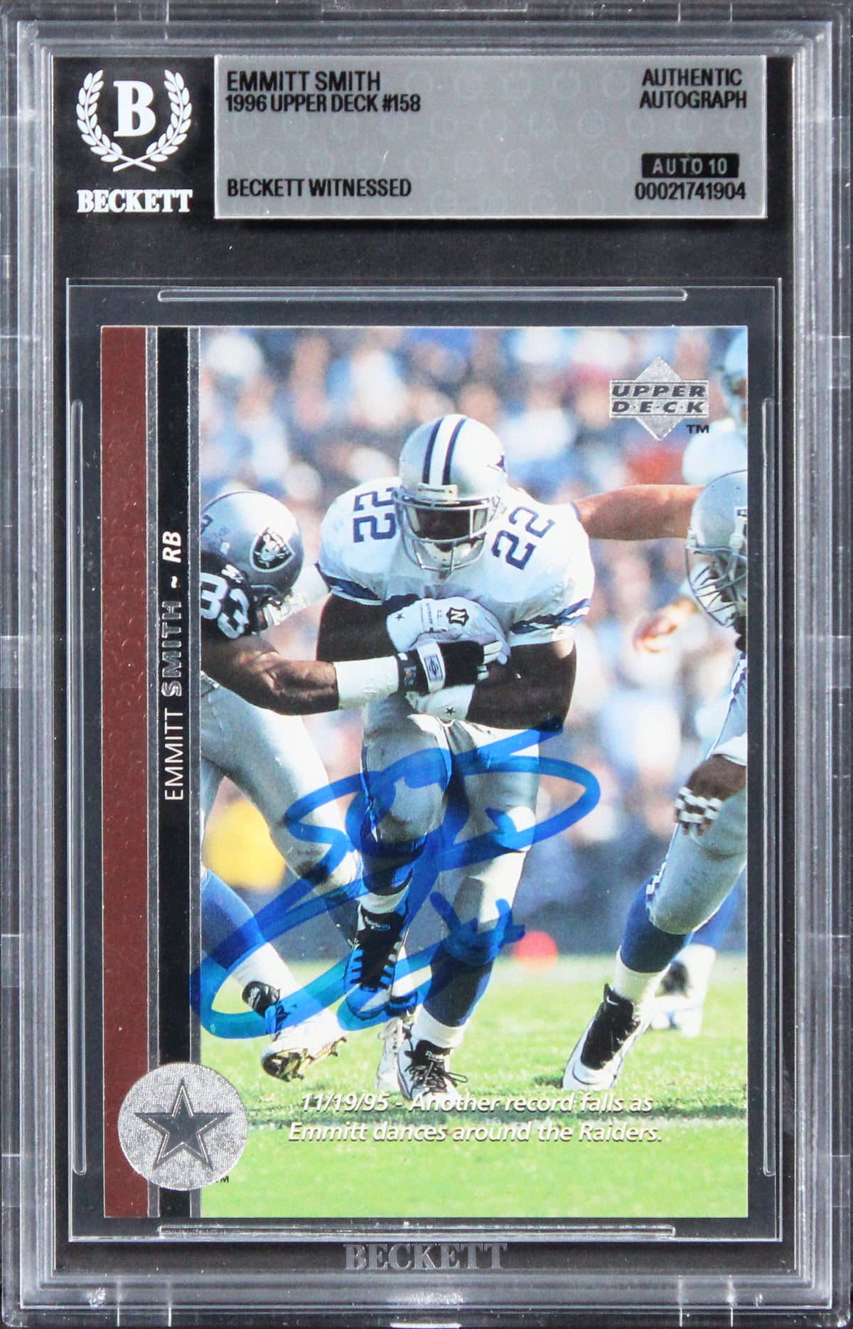 Cowboys Emmitt Smith Signed 1996 Upper Deck #158 Card Auto Grade 10! BAS Slabbed