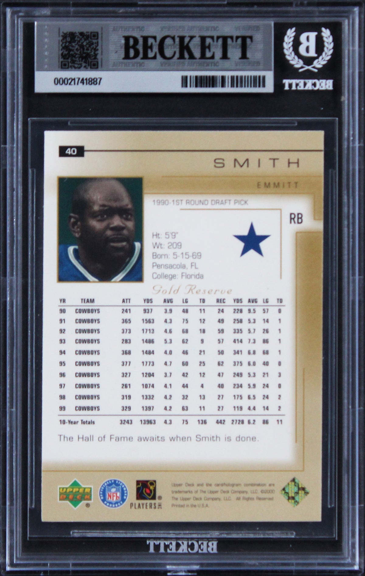 Emmitt Smith Signed 2000 Upper Deck Gold Reserve #40 Card Auto 10! BAS Slabbed