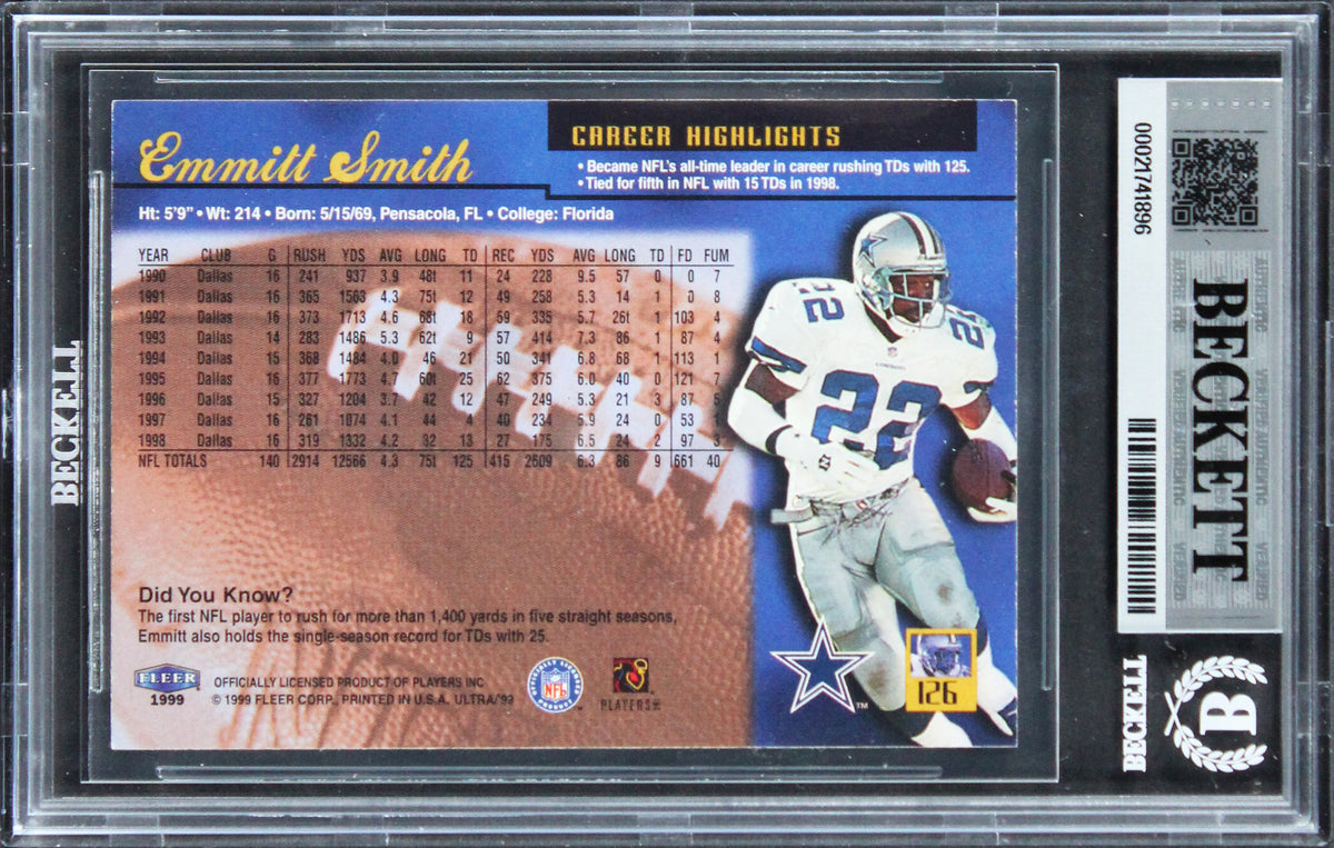 Cowboys Emmitt Smith Signed 1999 Ultra #126 Card Auto Gem Mint 10! BAS Slabbed