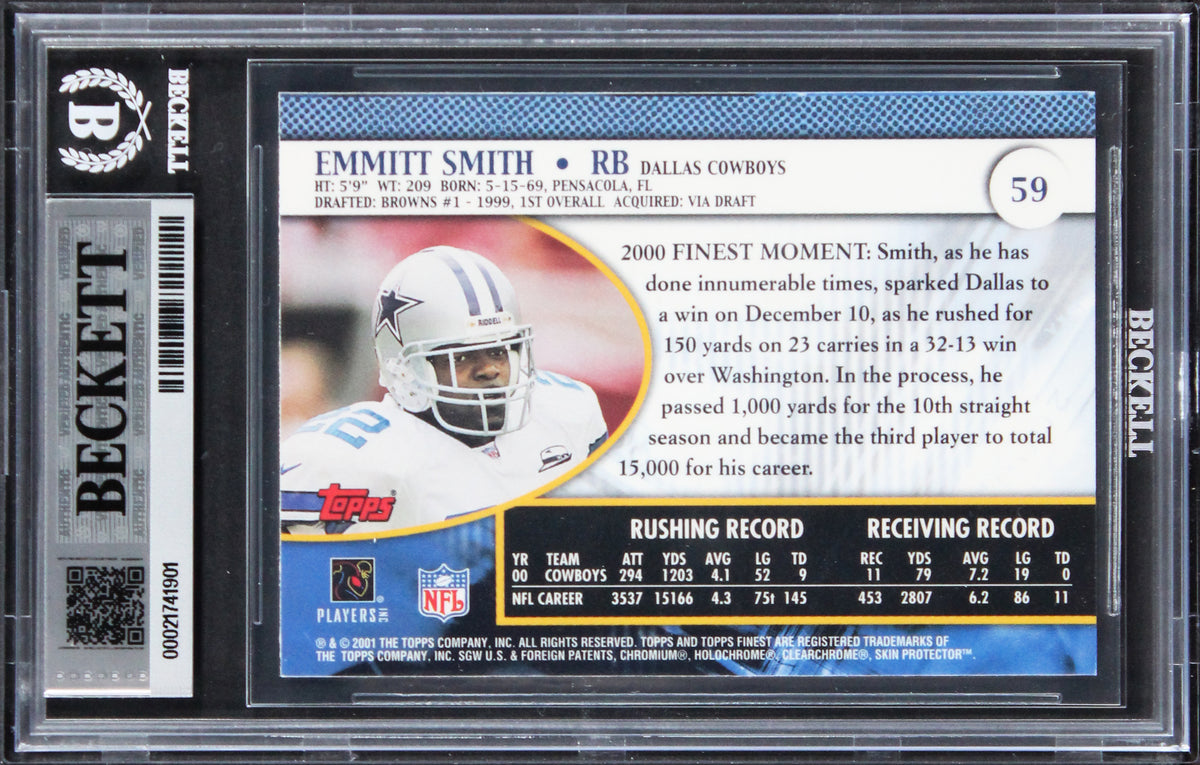 Cowboys Emmitt Smith Signed 2001 Finest #59 Card Auto Gem Mint 10! BAS Slabbed