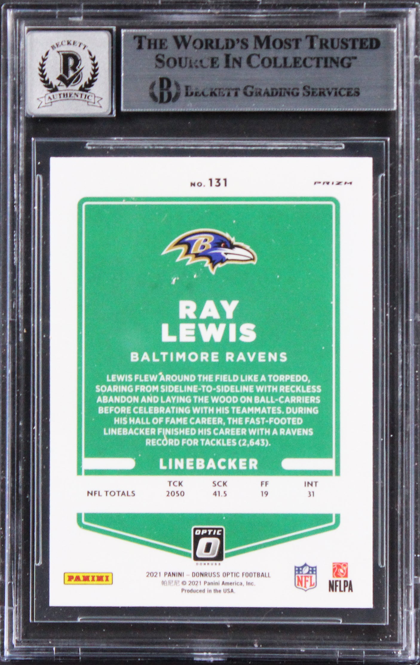 Ravens Ray Lewis Signed 2021 Donruss Optic Holo #131 Card Auto 10! BAS Slabbed